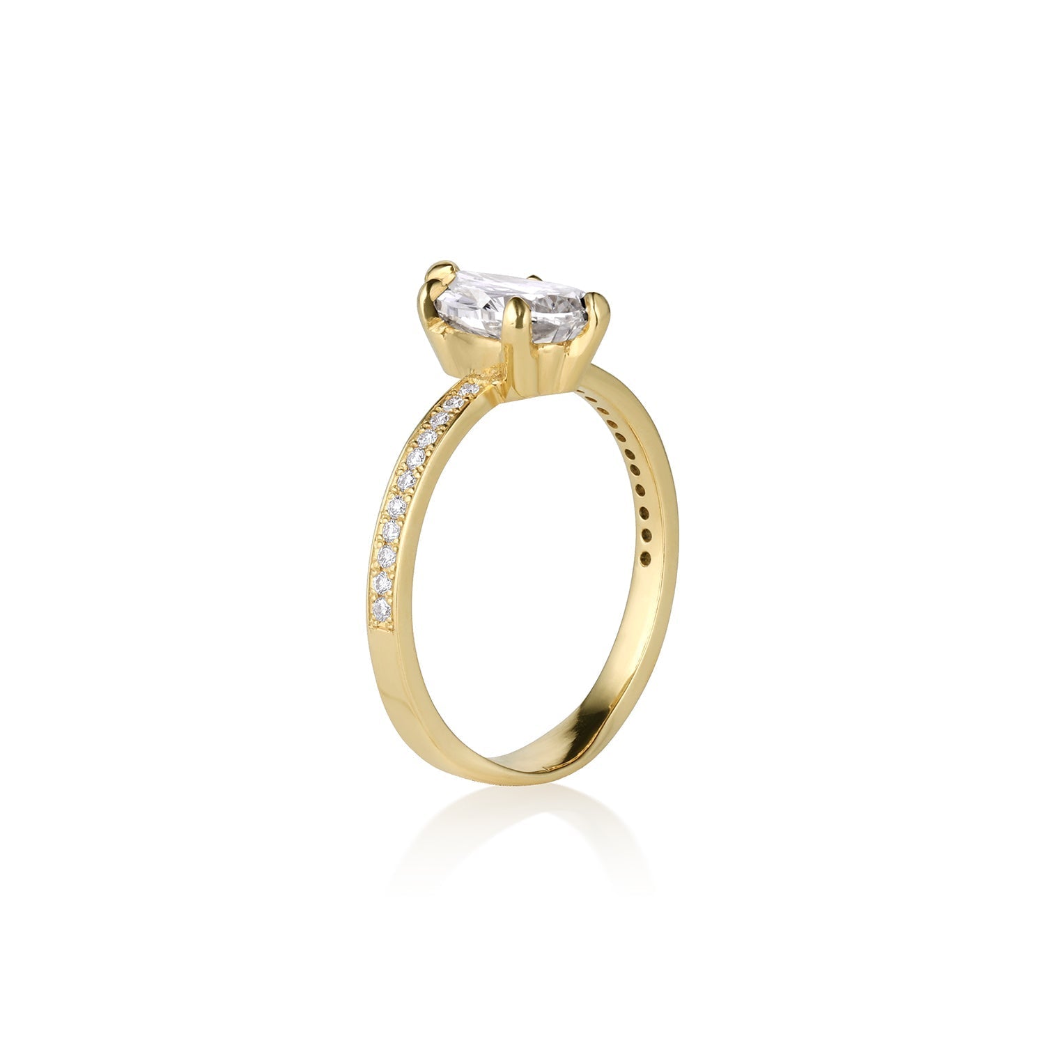 14k yellow gold ring featuring a tilted 5 prong set long pear shaped diamond on a pave set half eternity band. Bottom of shank is thickened for comfort wear. Side view