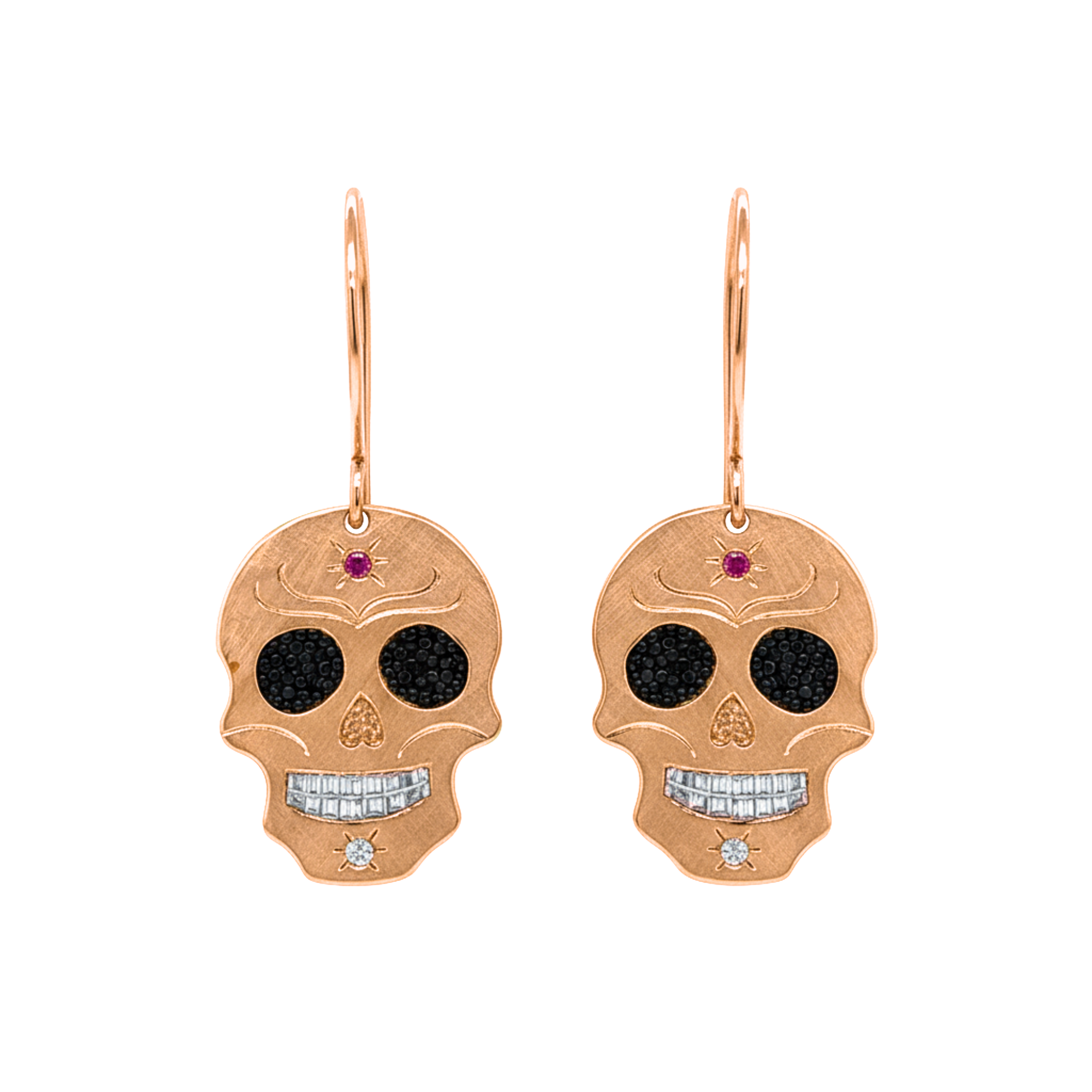 14k rose gold sugar skull dangle earrings with pink sapphire on white background