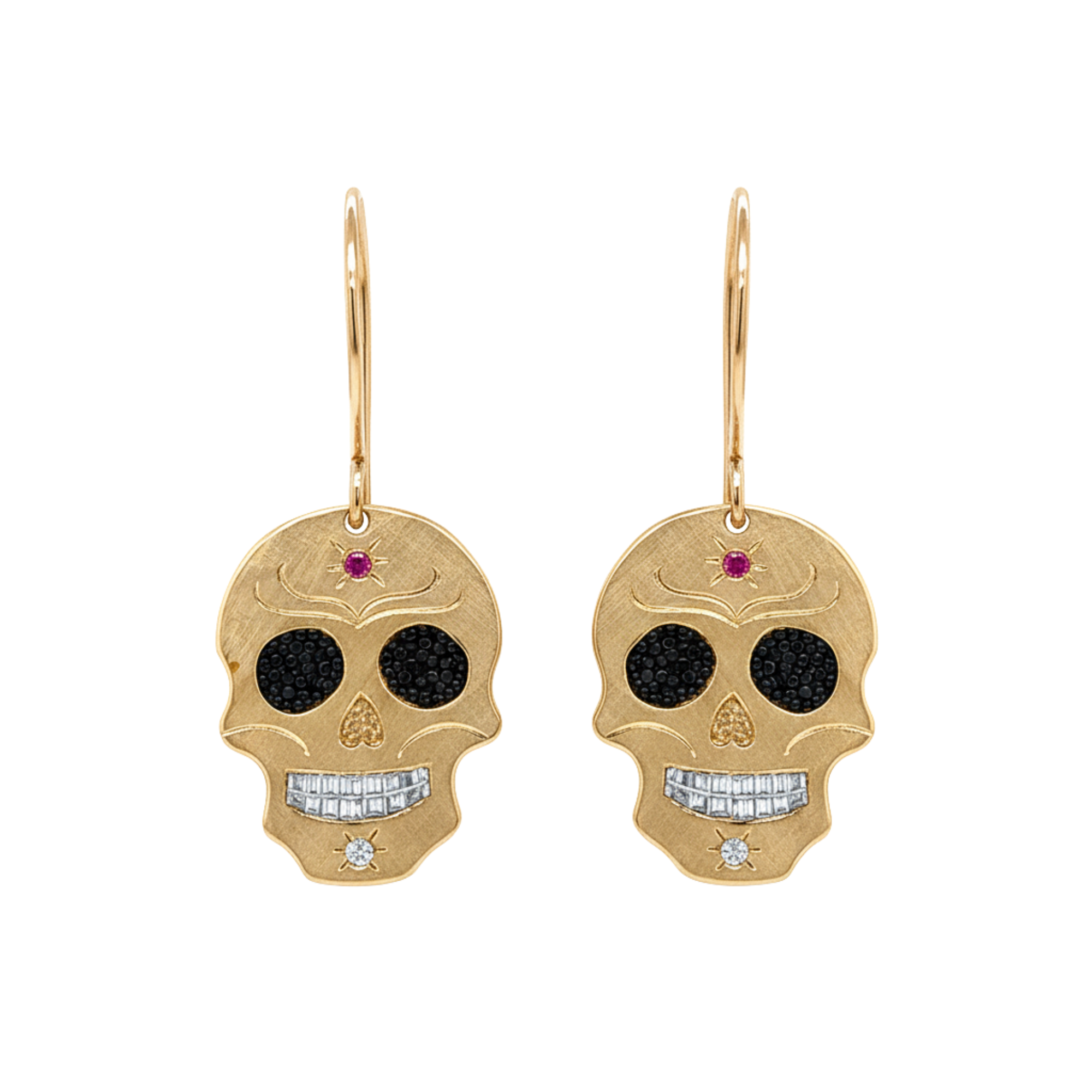 14k yellow gold sugar skull dangle earrings with pink sapphire on white background