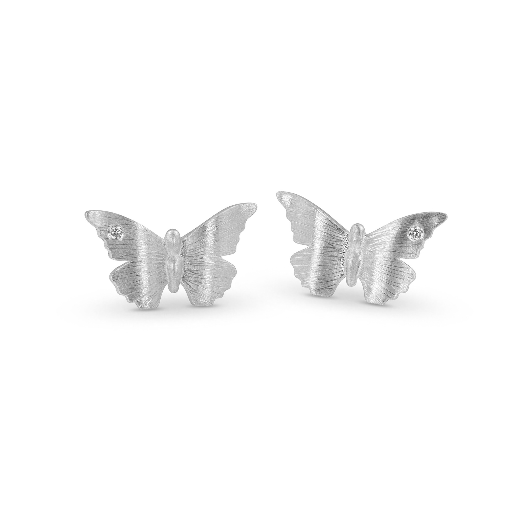 14k white gold butterfly earrings with hand etching and white diamonds on white background