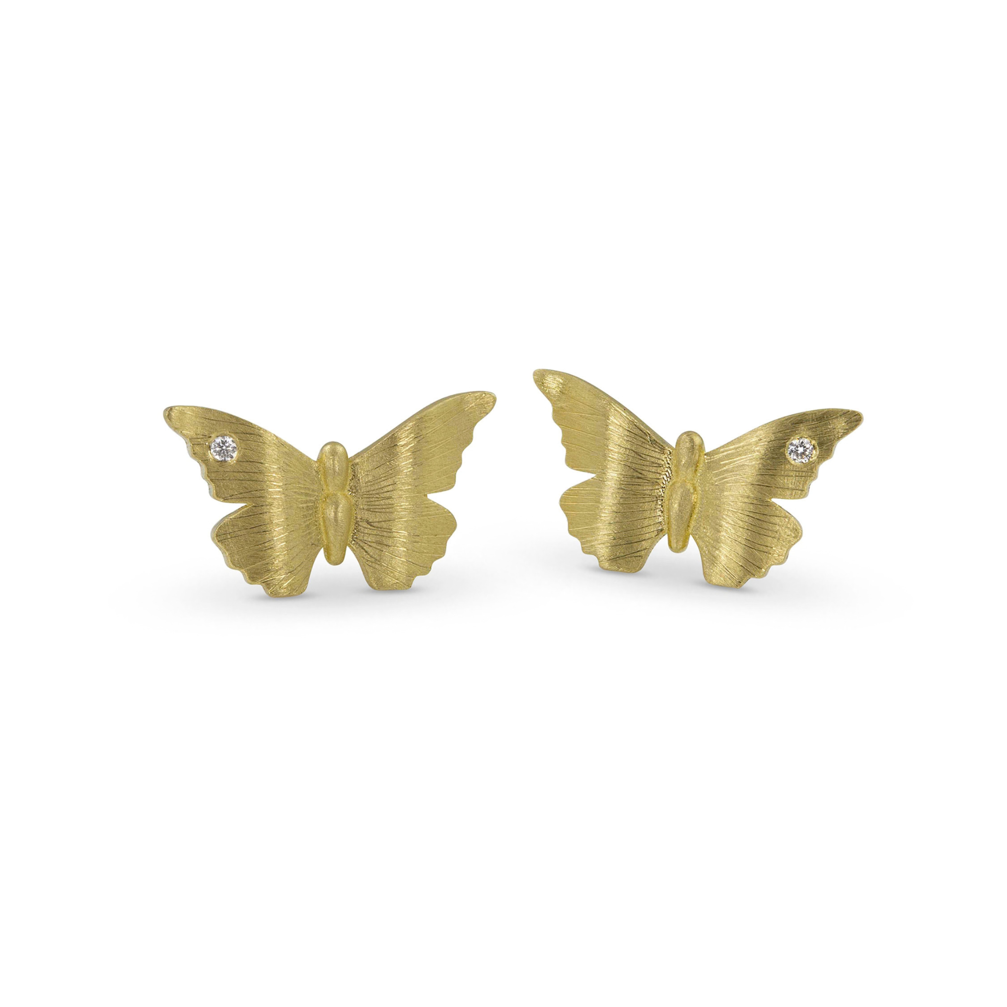 14k yellow gold butterfly earrings with hand etching and white diamonds on white background