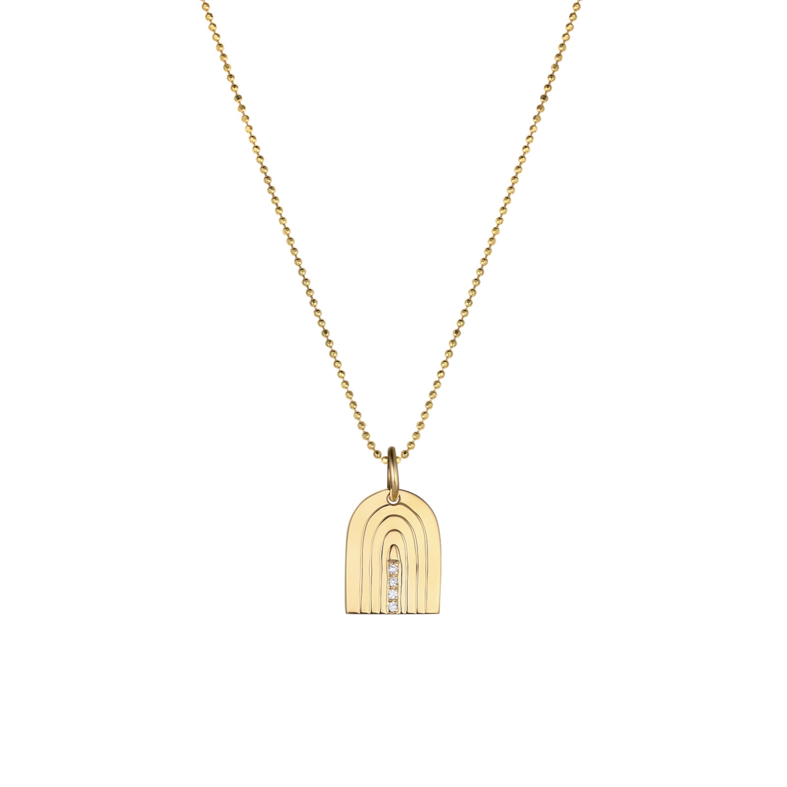 Small 14k Gold necklace with a hand engraved rainbow-shaped pendant with 4 white diamonds. Shown on a ball chain with a white background.