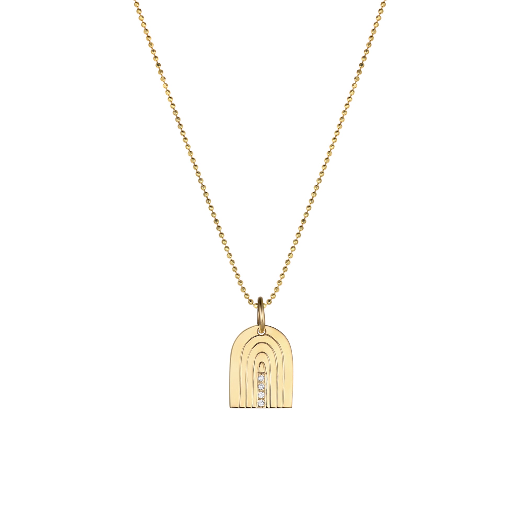 Small 14k Gold necklace with a hand engraved rainbow-shaped pendant with 4 white diamonds. Shown on a ball chain with a white background.