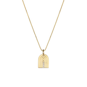 Small 14k Gold necklace with a hand engraved rainbow-shaped pendant with 4 white diamonds. Shown on a ball chain with a white background.