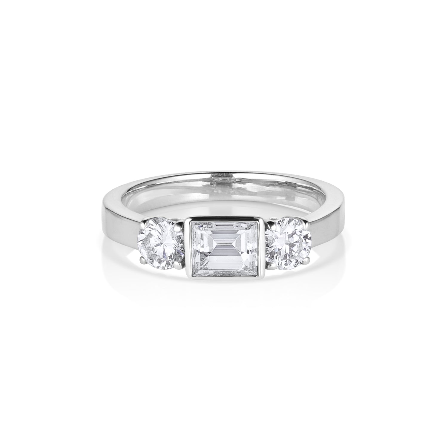 3 stone 14k white gold ring with square and round diamonds bezel set center stone prong set side stones front view on a white background