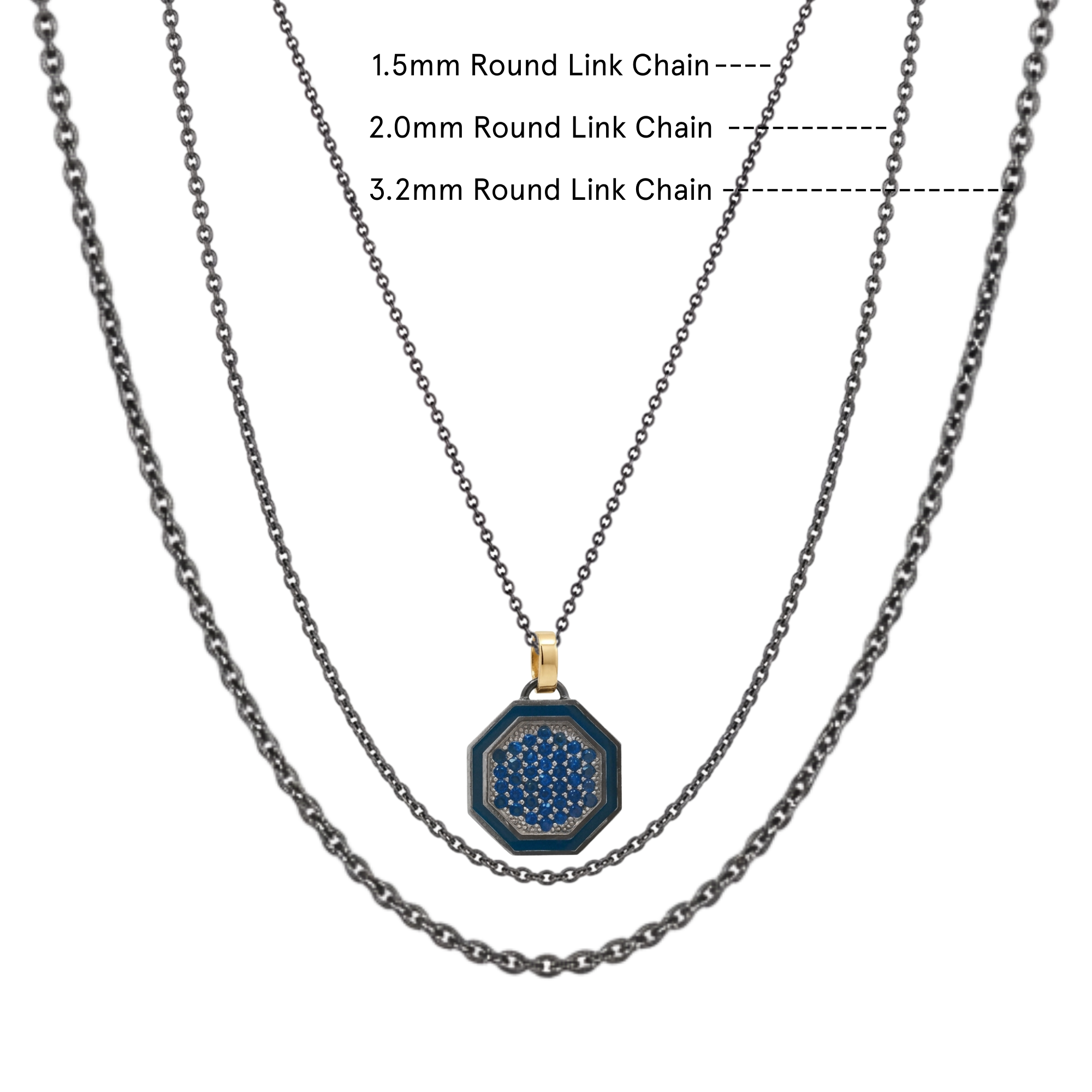Three necklaces with different chain thicknesses and a blue pendant on a white background.