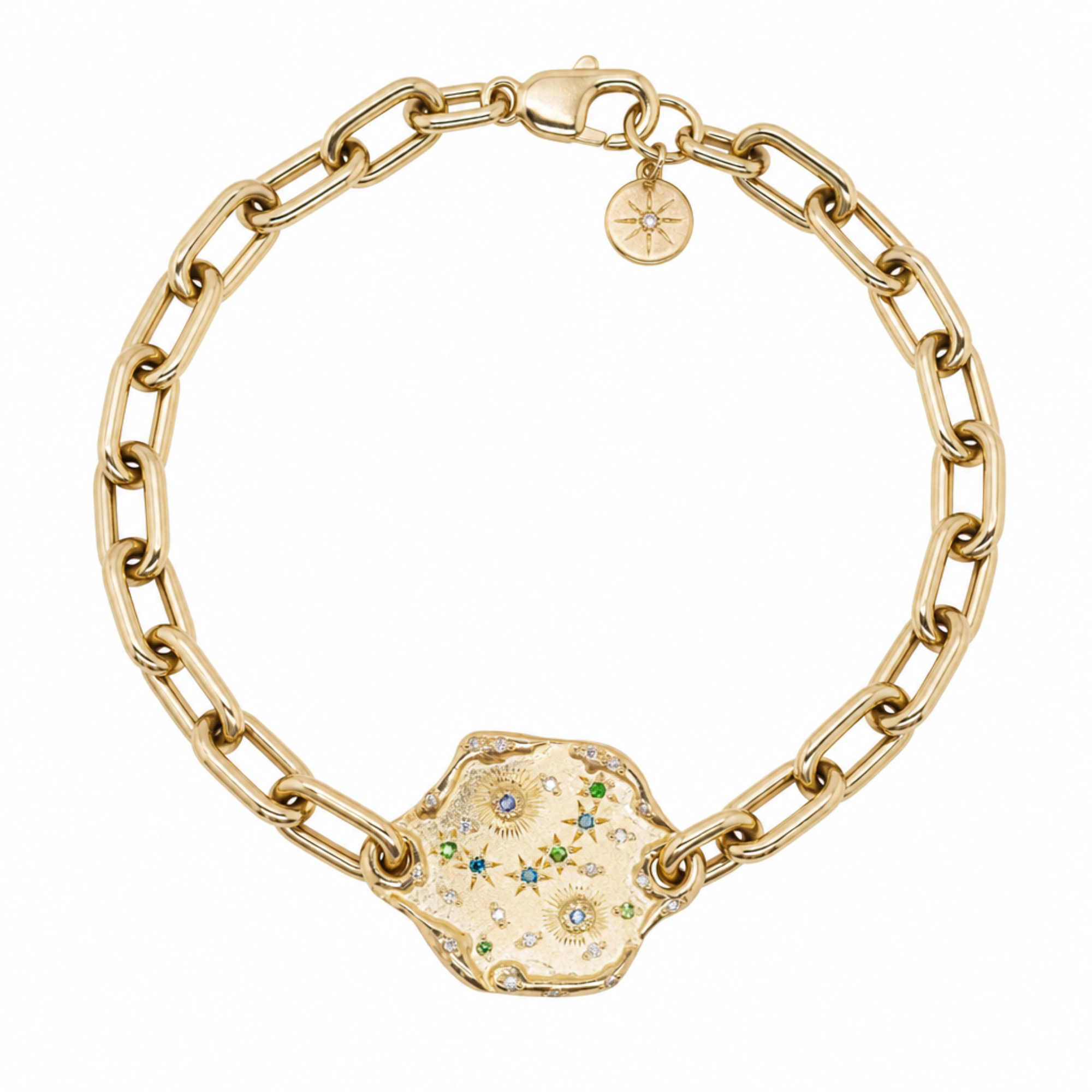 A gold chain bracelet with a large, irregularly shaped central charm decorated with colorful star motifs and small gemstones, shown on a plain white background.