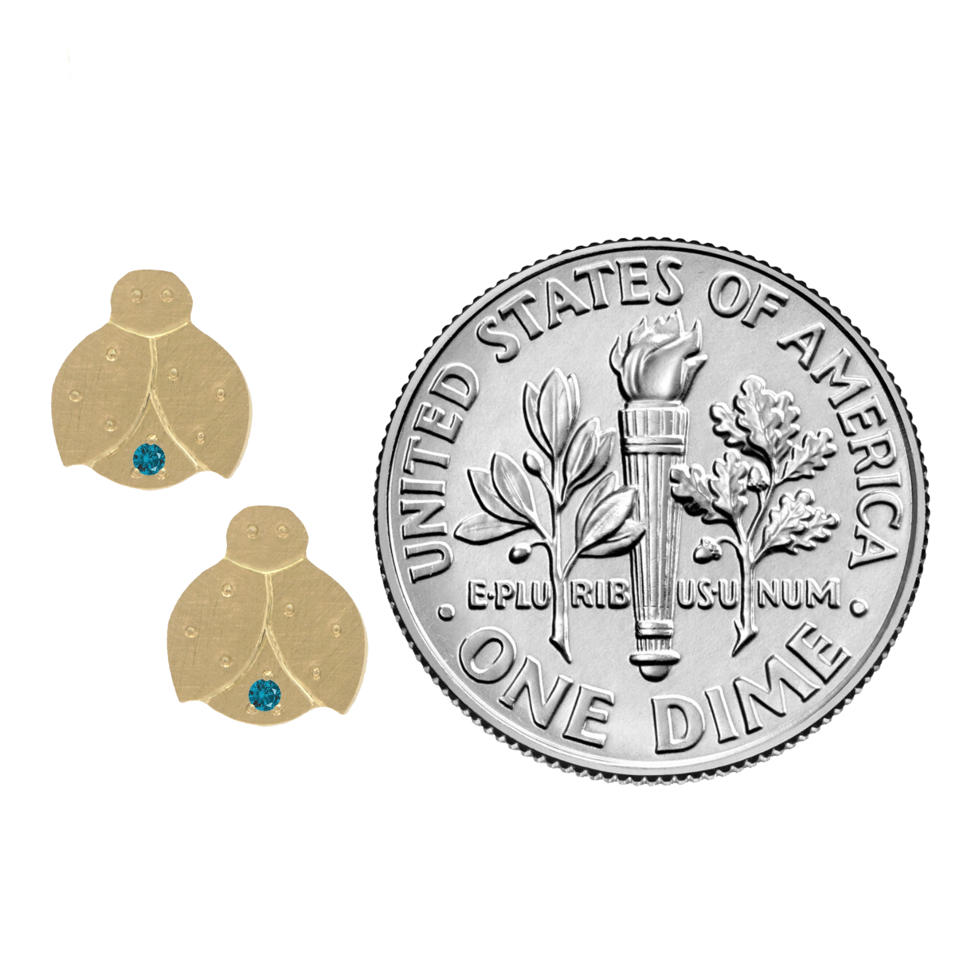 14k gold teeny tiny ladybug earrings with teal diamonds on white background with size indicator