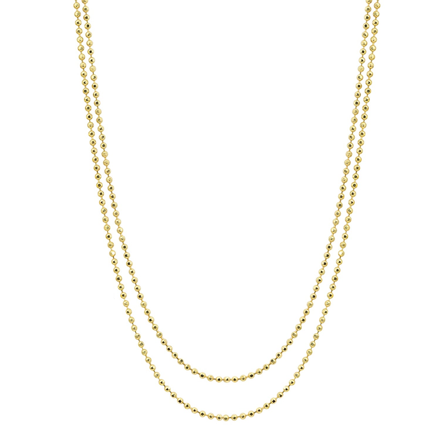 Closeup of dainty yellow gold 1.0mm diamond cut ball chain 2 tier necklace by Julez Bryant