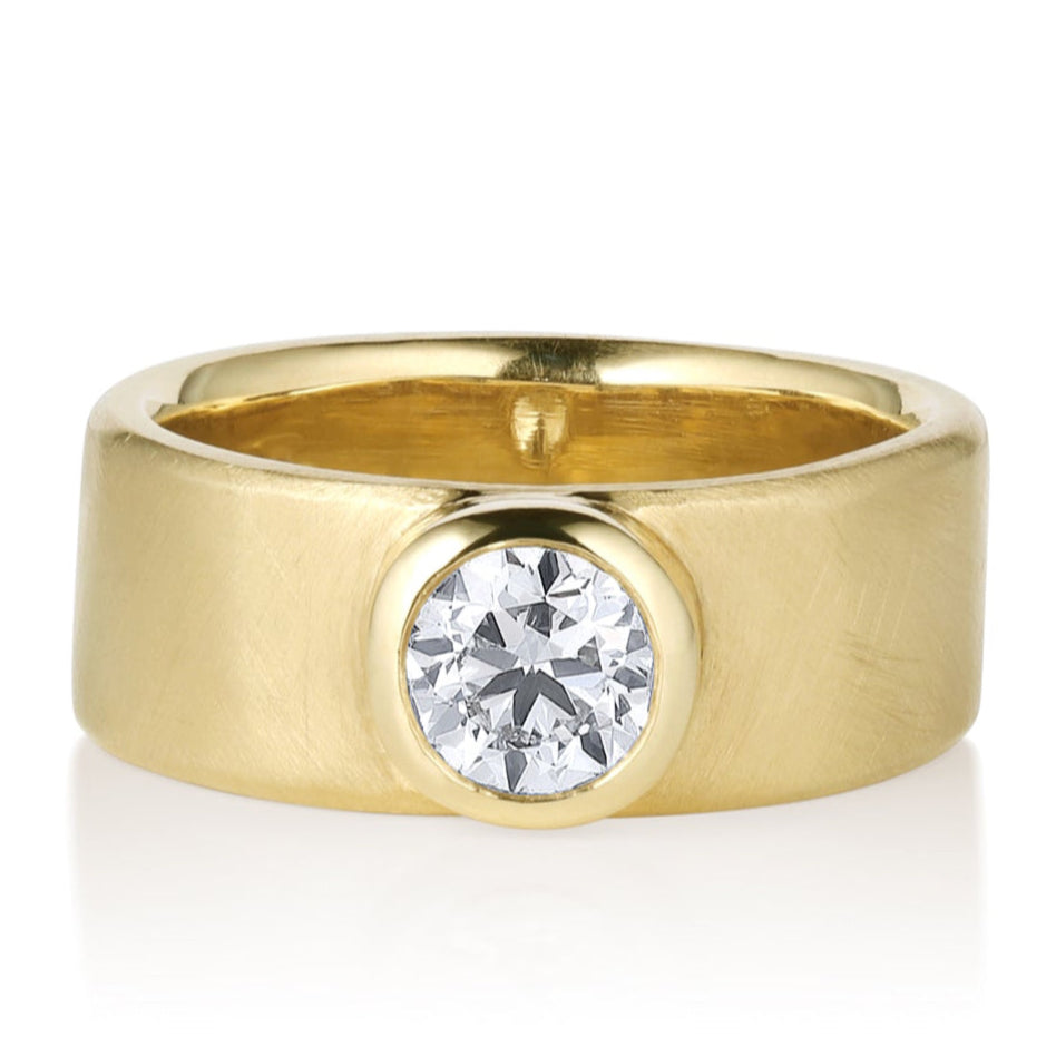 14k yellow gold wide band diamond ring with bezel set round brilliant cut diamond, modern unisex wedding band by Julez. Bryant