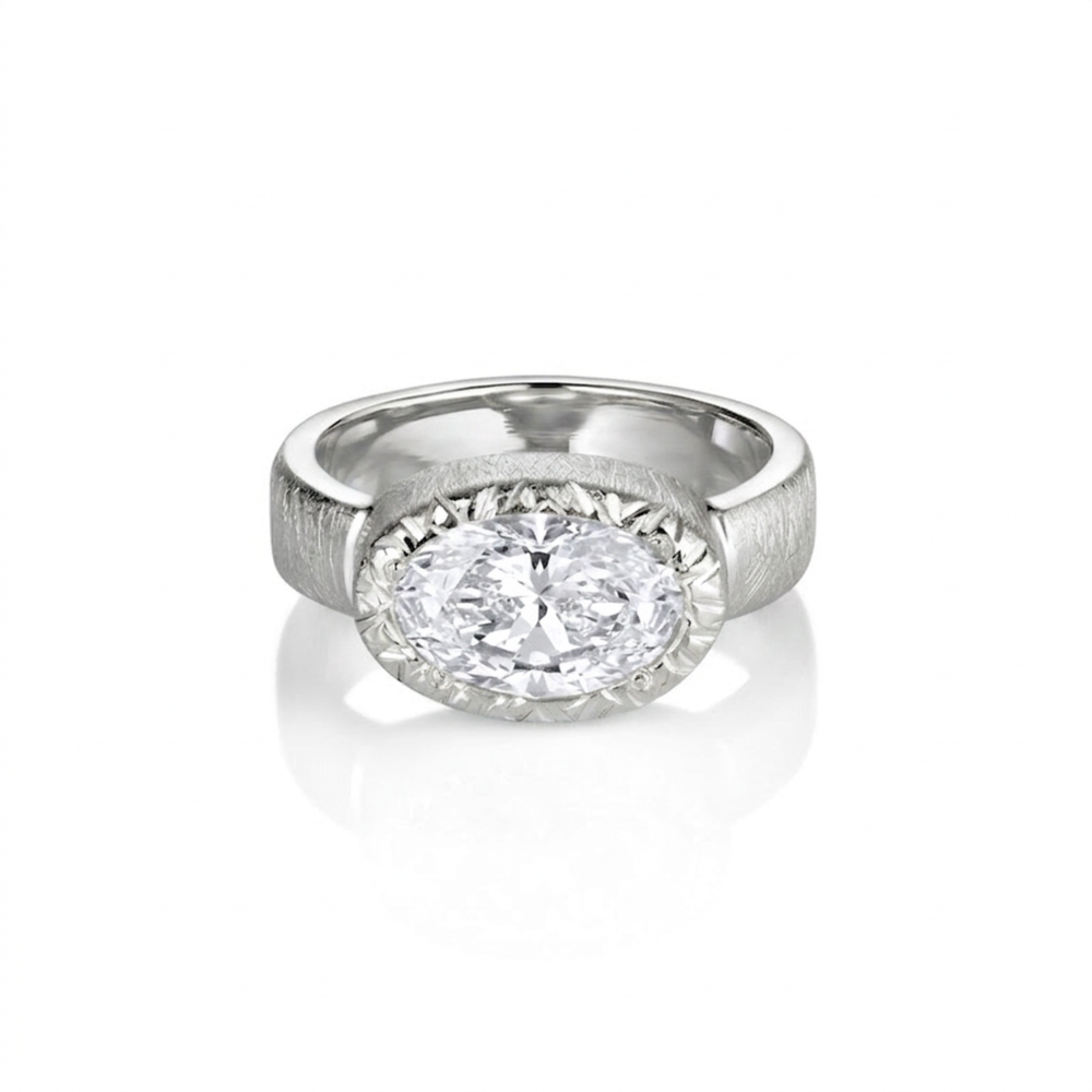 JOLIE 14k Gold East West Oval Bezel Engagement Ring | Hand-Carved