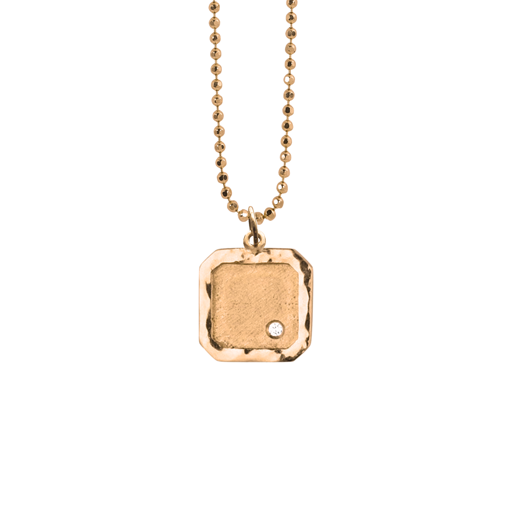 14k rose Gold square pendant with an offset white diamond on a diamond cut ball chain on a white background