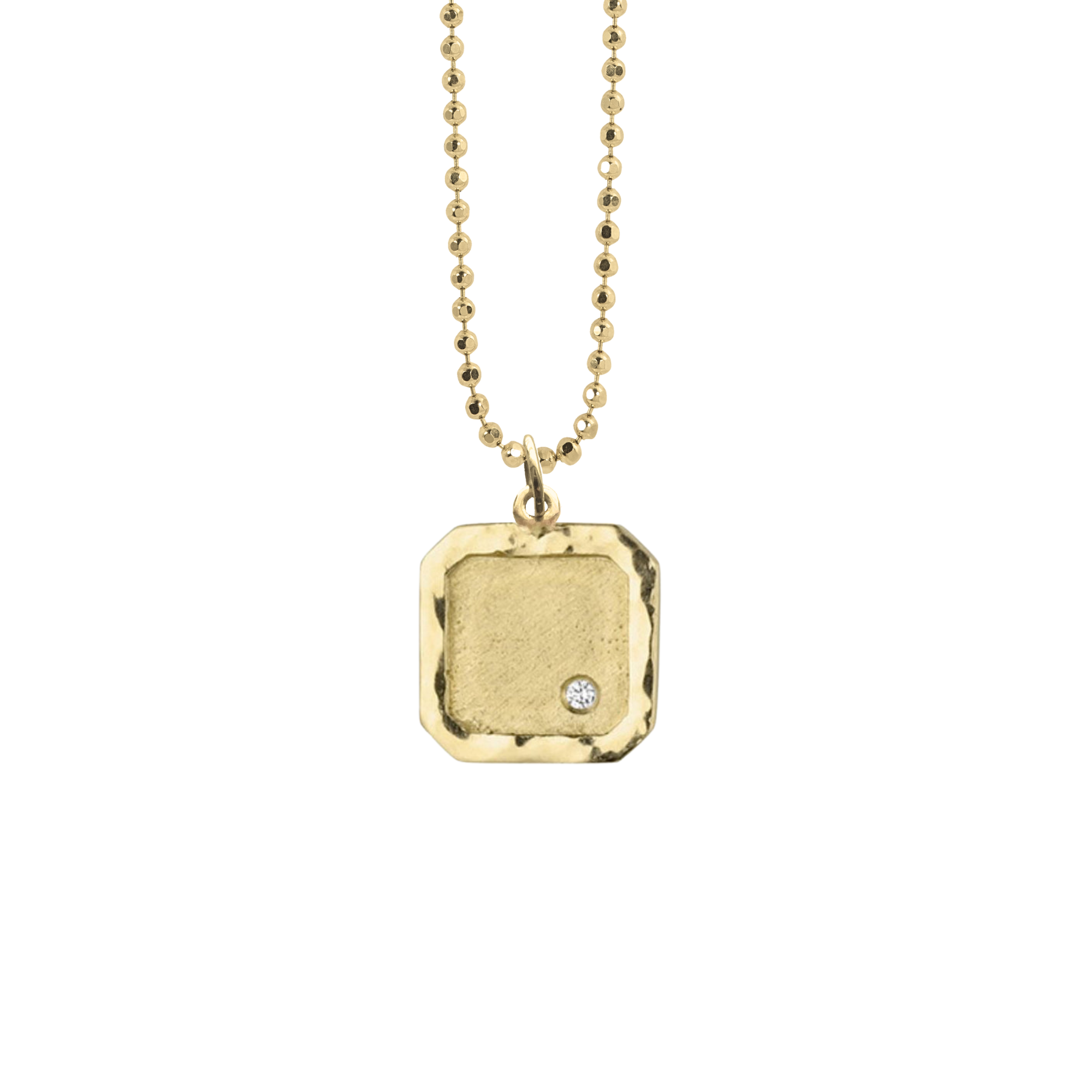 14k yellow Gold square pendant with an offset white diamond on a diamond cut ball chain on a white background