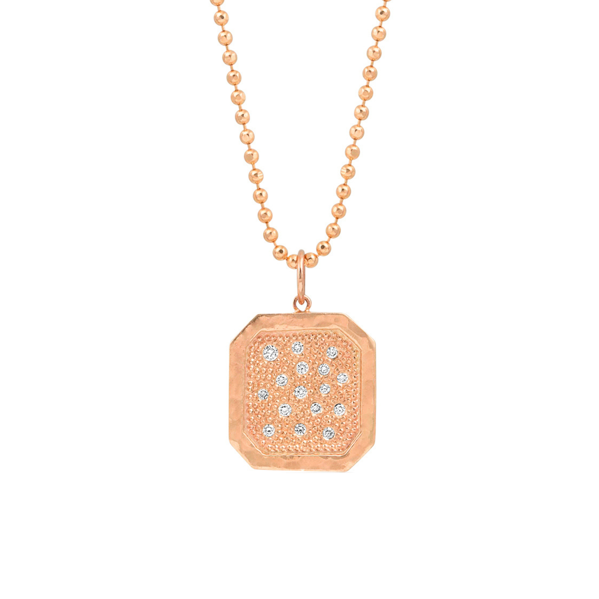 14k rose gold square dogtag pendant with beaded texture and scattered white  diamonds with shiny border on white background
