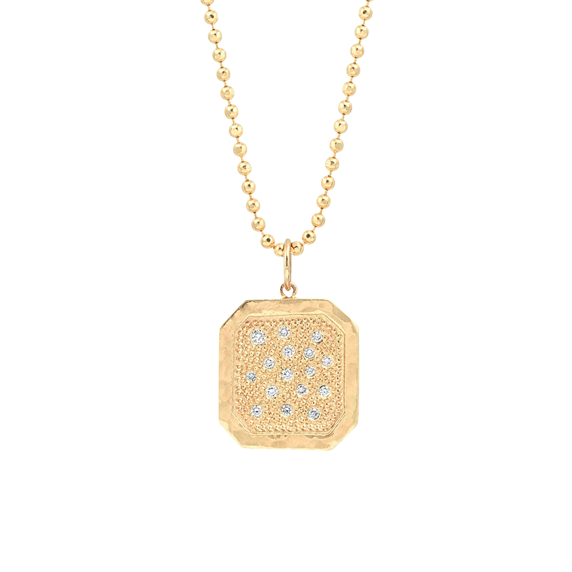 14k yellow gold square dogtag pendant with beaded texture and scattered white  diamonds with shiny border on white background