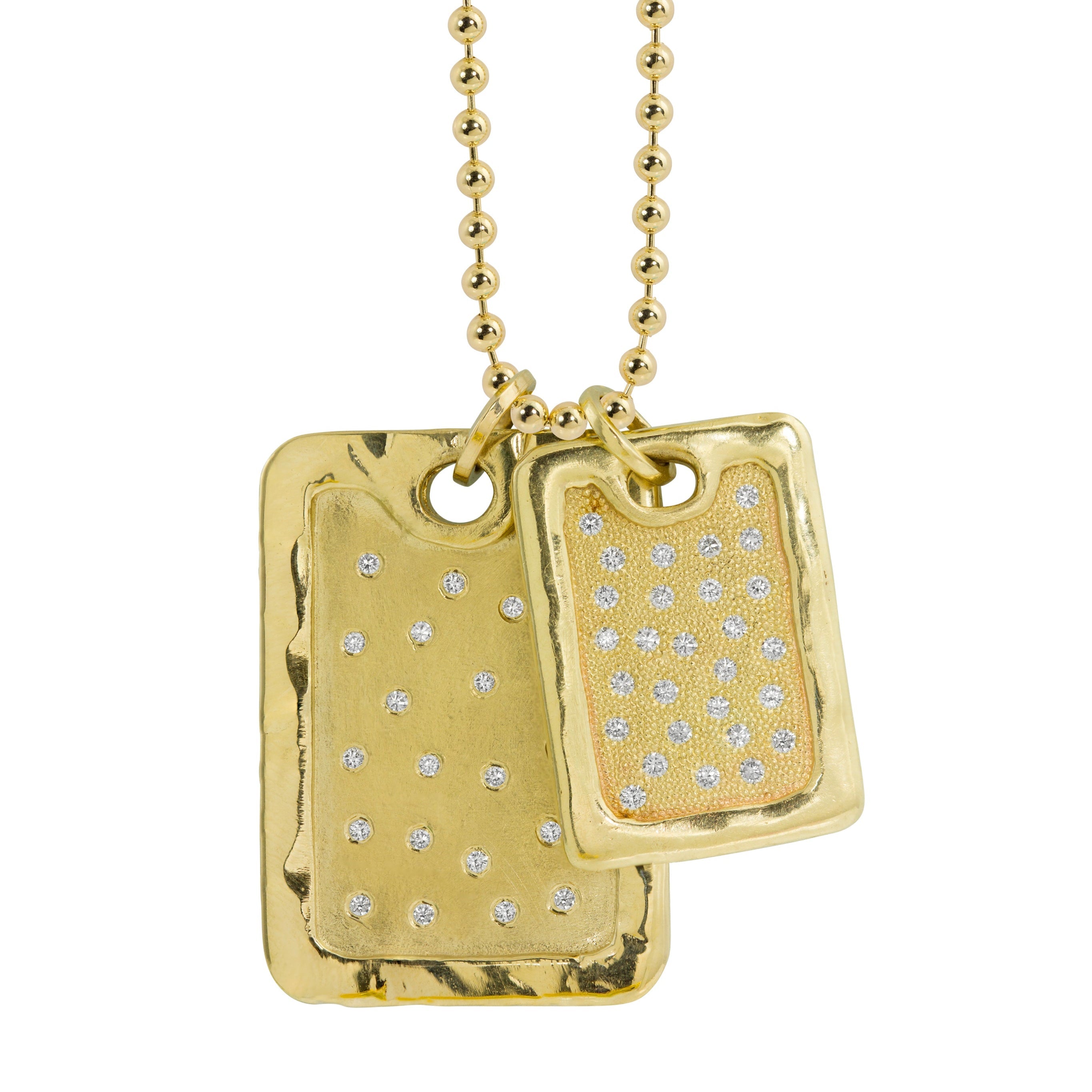 Pairing of two 14k gold dog tag pendants with scattered white diamonds extra large and large size necklace on ball chain on a white background