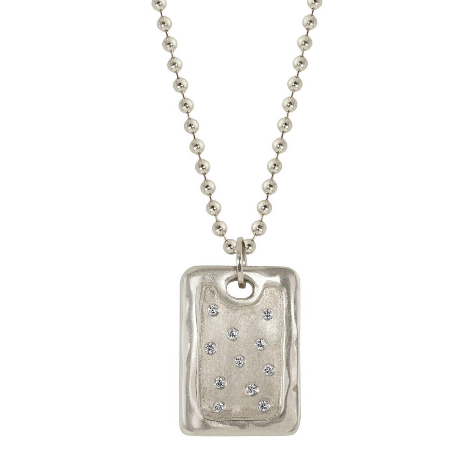 14k white gold rectangular dog tag necklace with scattered white diamonds on a ball chain on a white background
