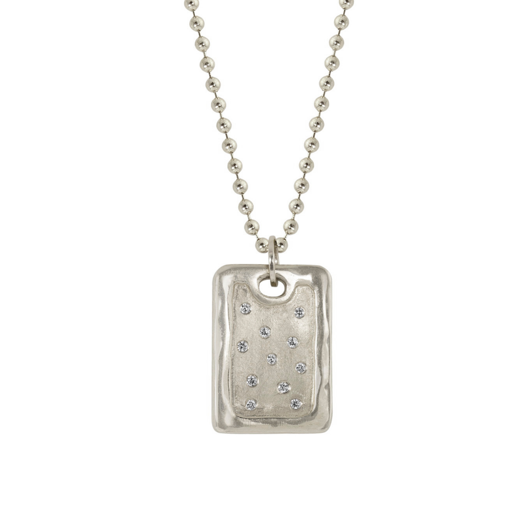 14k white gold necklace with a rectangular pendant with scattered white diamonds on a ball chain on a white background