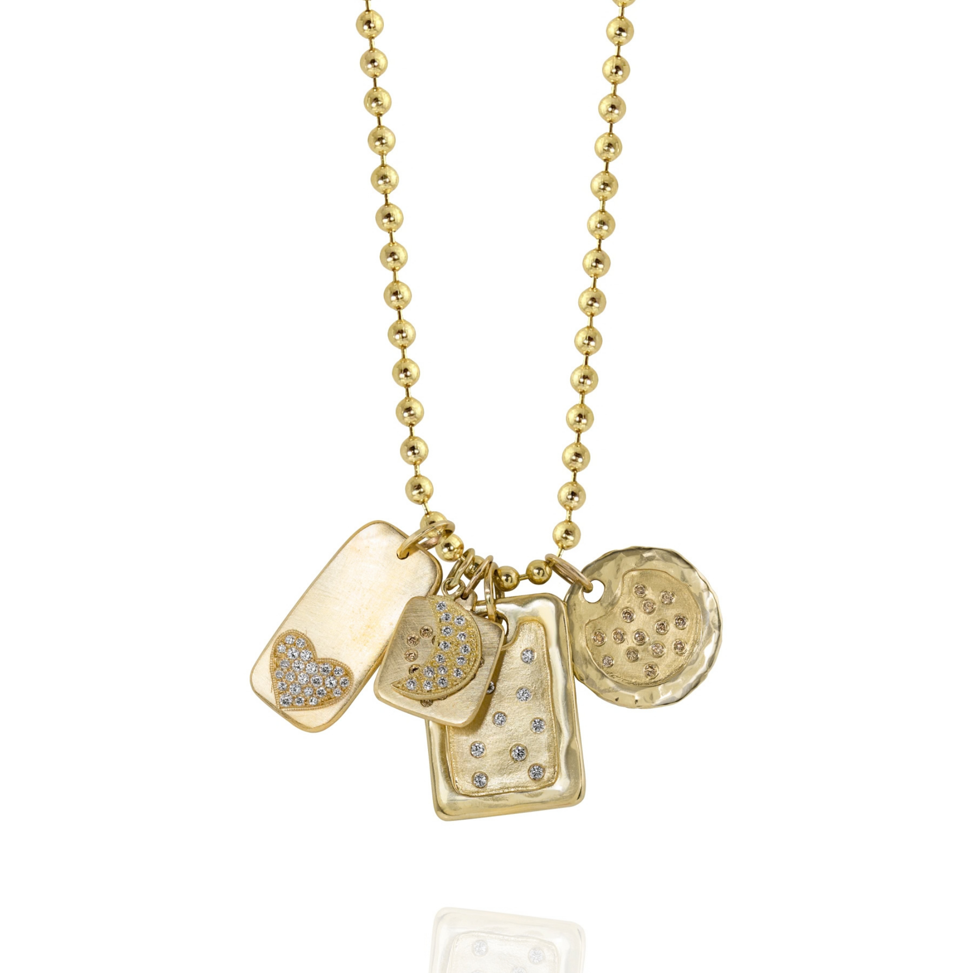 14k yellow gold pendants with scattered white diamonds and brushed satin finishes on ball chain on white background