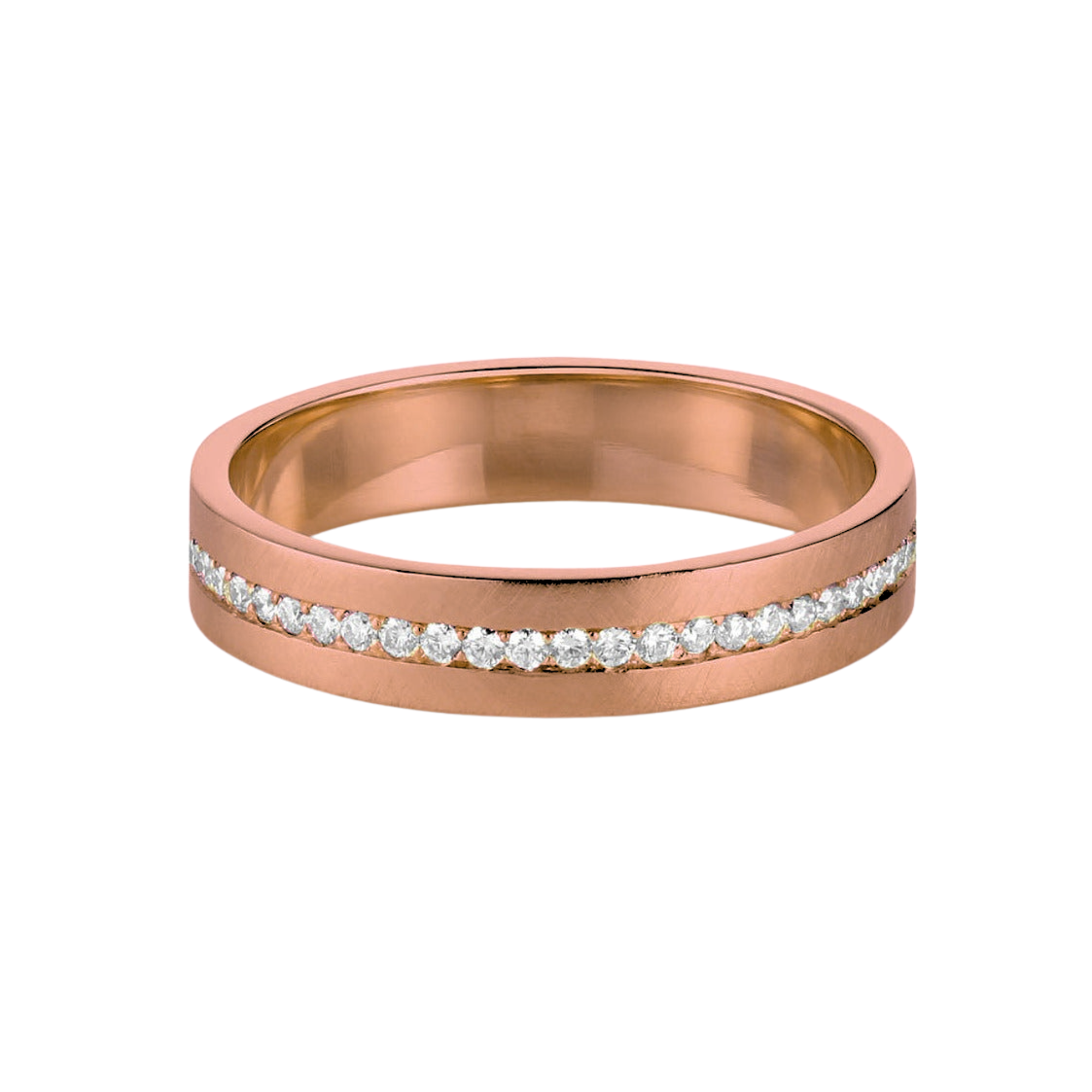 14k Rose Gold Satin Finish Pave Set Diamond Eternity Wedding Band on White Background
