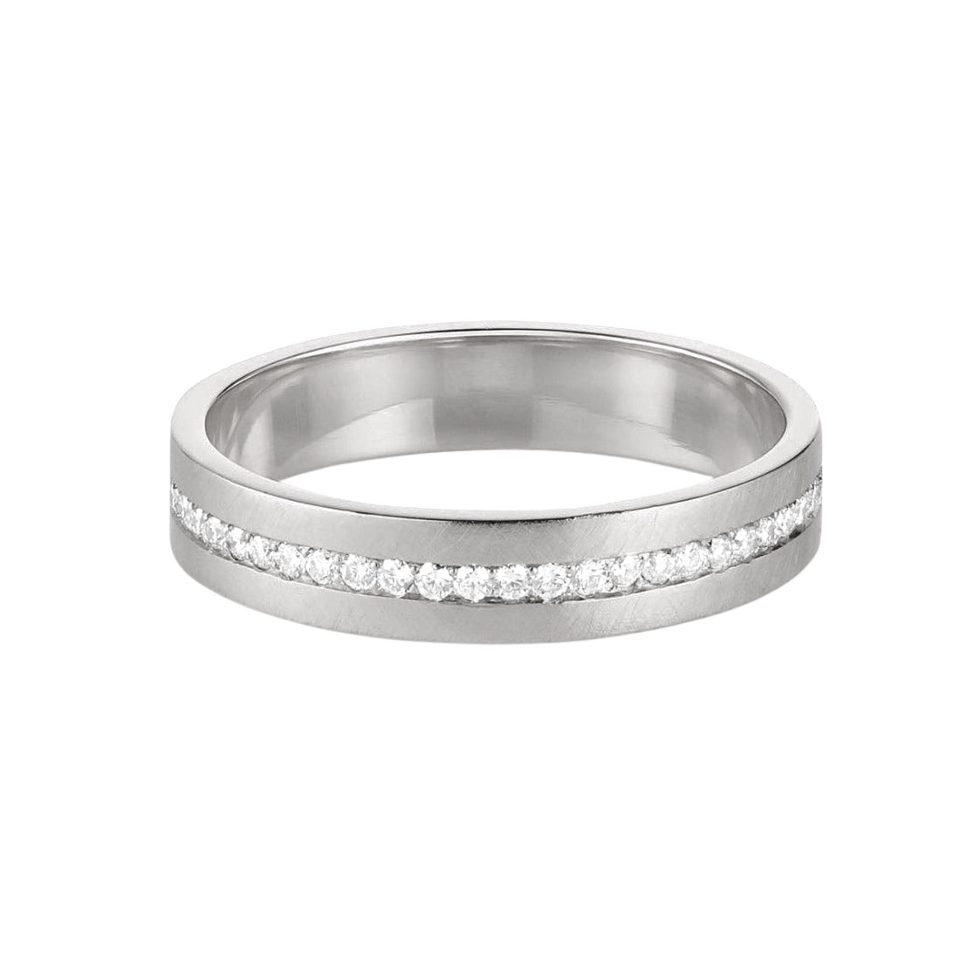 14k White Gold Satin Finish Pave Set Diamond Eternity Wedding Band on White Background