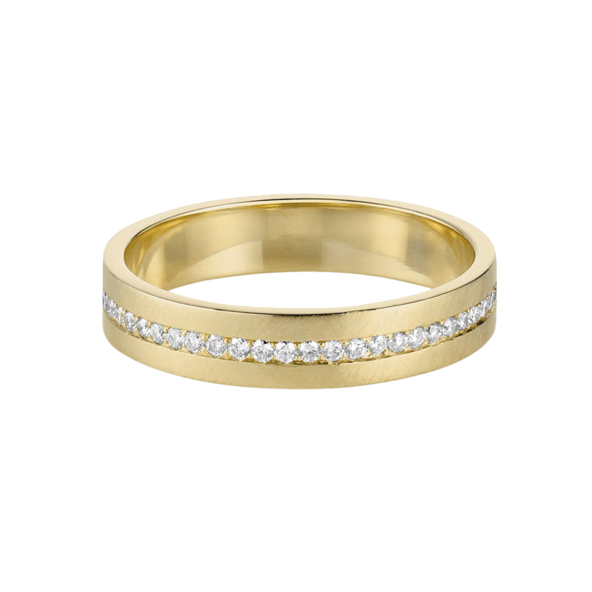 14k Yellow Gold Satin Finish Pave Set Diamond Eternity Wedding Band on White Background