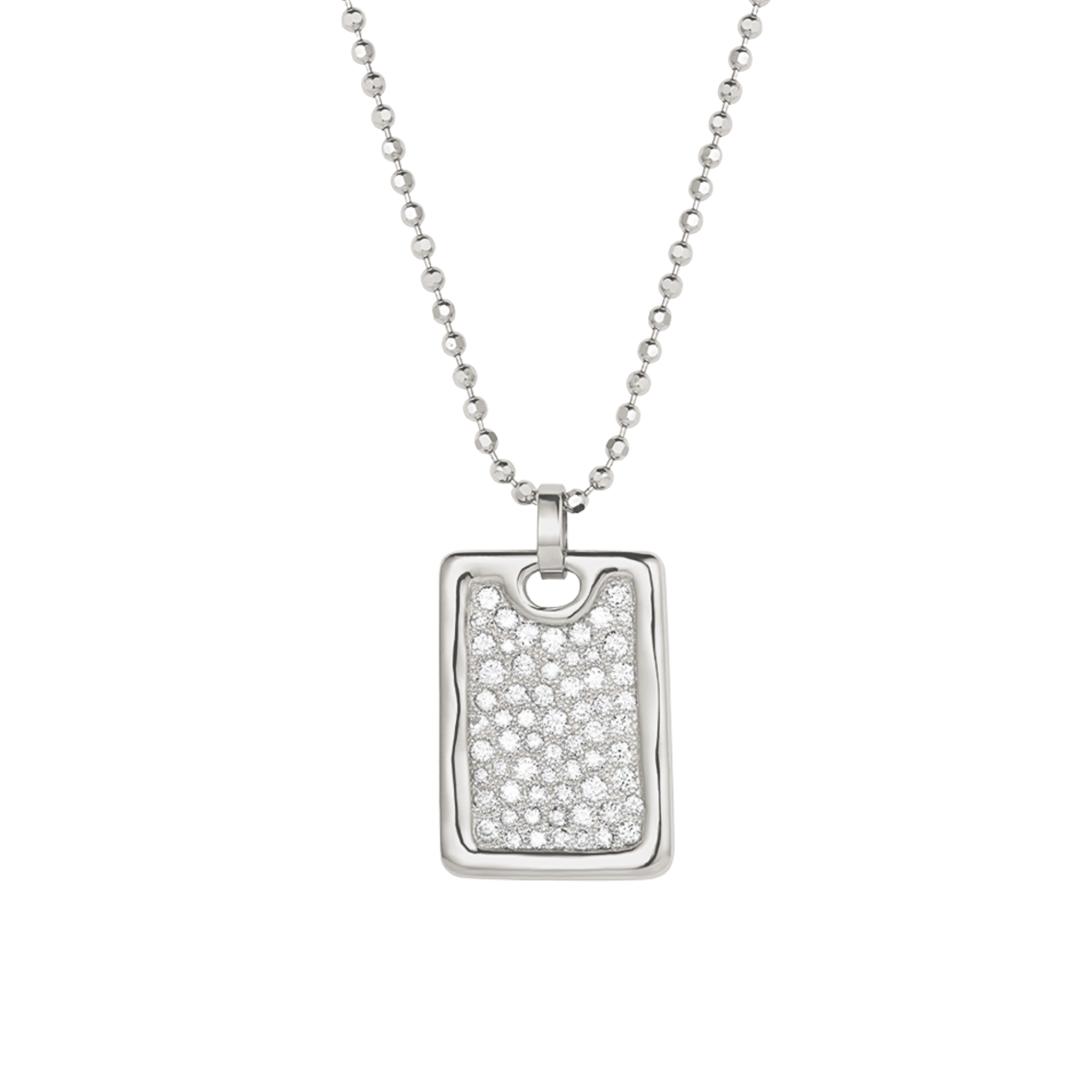 14k white gold rectangular pendant featuring scattered white diamonds and beaded texture on a diamond cut ball chain on a white background