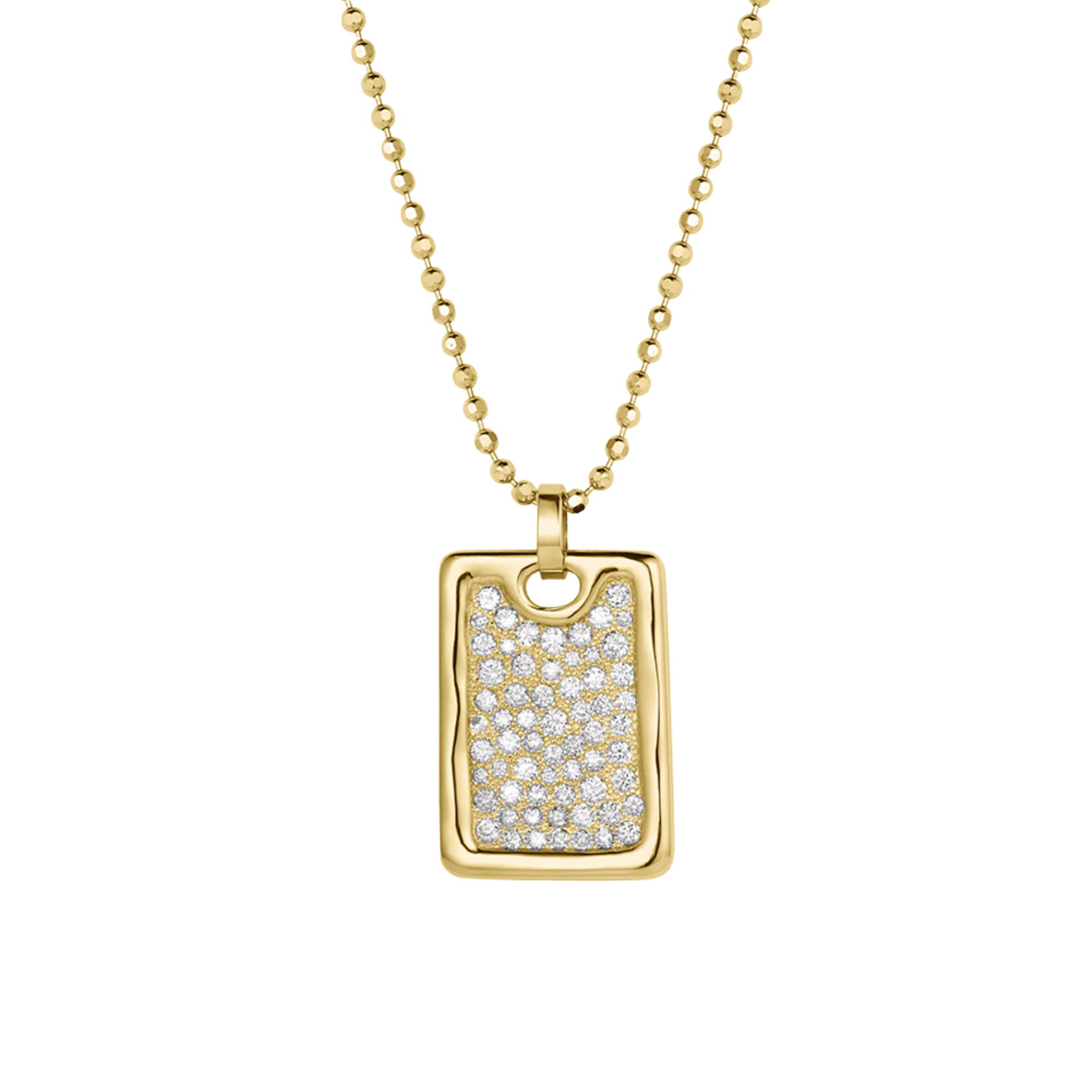 14k yellow gold rectangular pendant featuring scattered white diamonds and beaded texture on a diamond cut ball chain on a white background