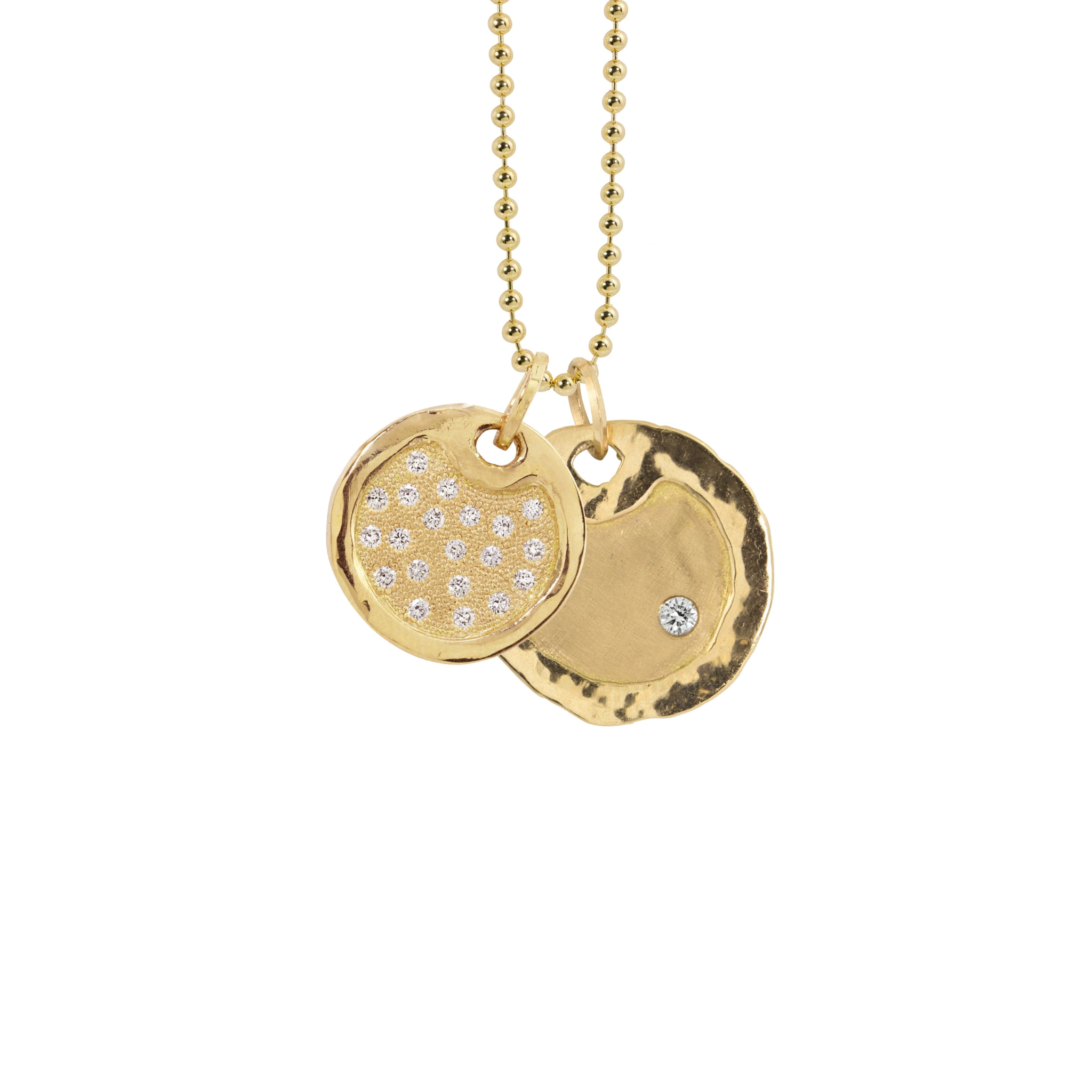 14k yellow gold round double dog tag necklace pendants featuring white diamonds raised hammered polished border on a ball chain with white background