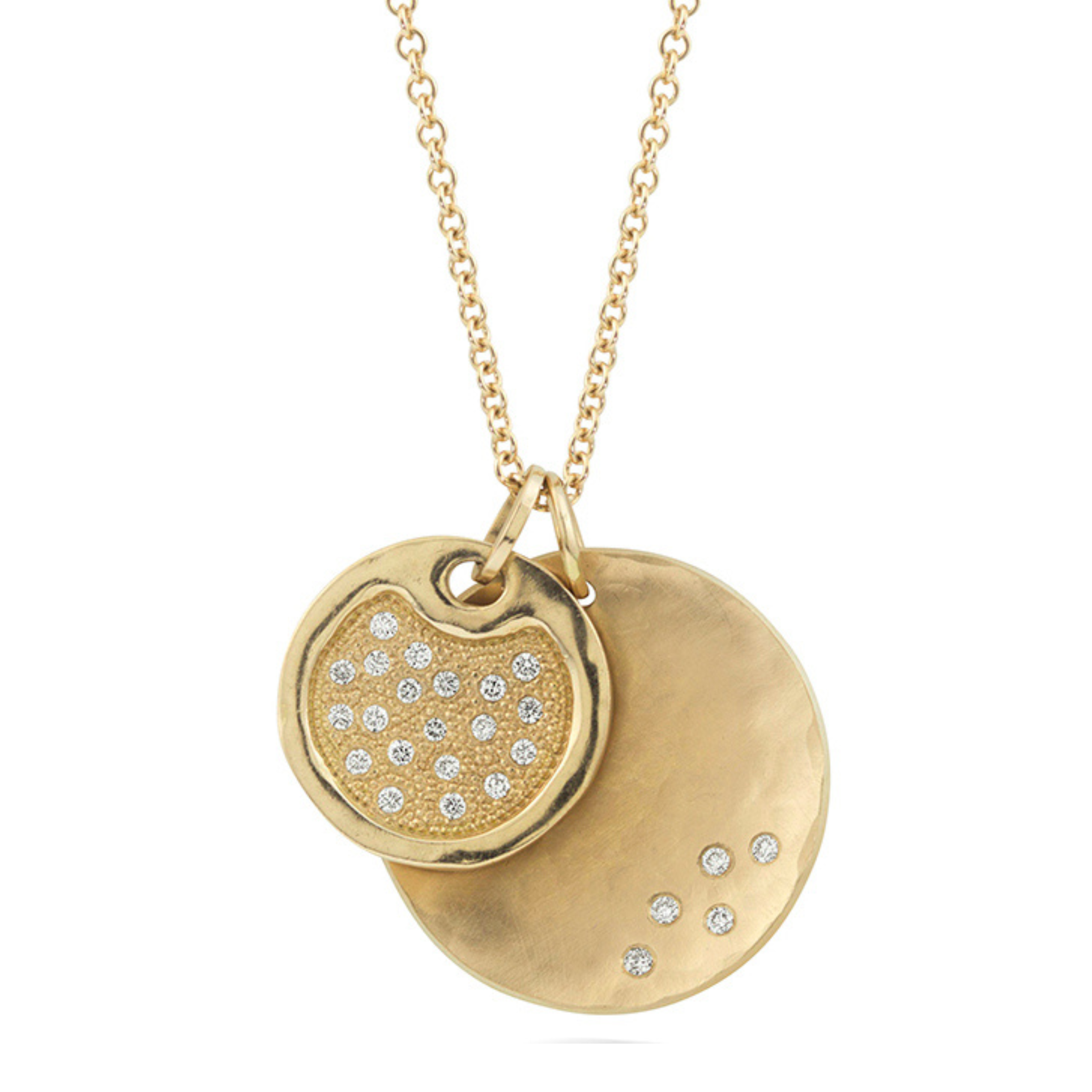 Large yellow gold diamond disk pendants hanging from round link chain featuring beaded and hammered textures necklace shown on white background