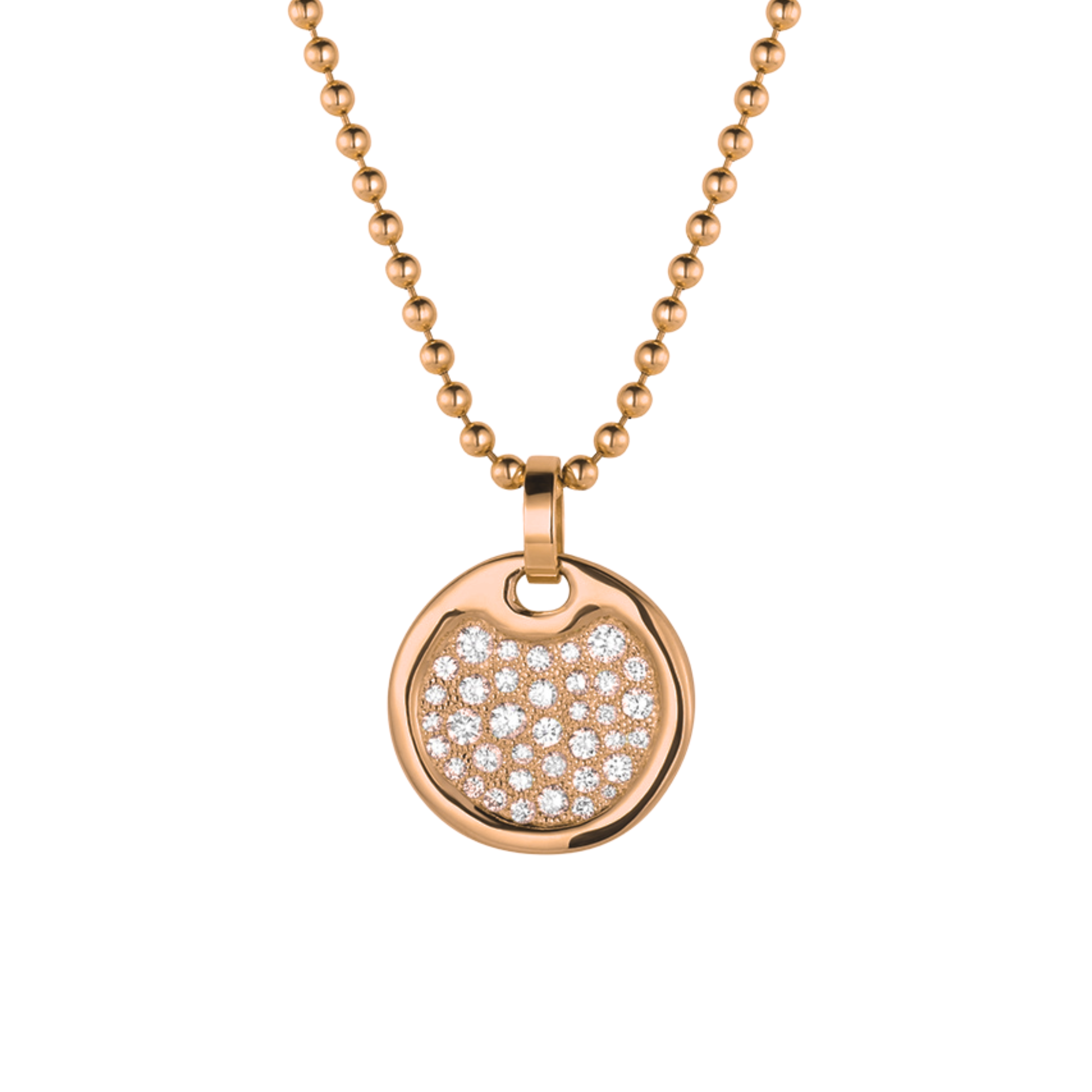 14k Rose Gold necklace with a polished round pendant featuring bead set diamonds on a white background