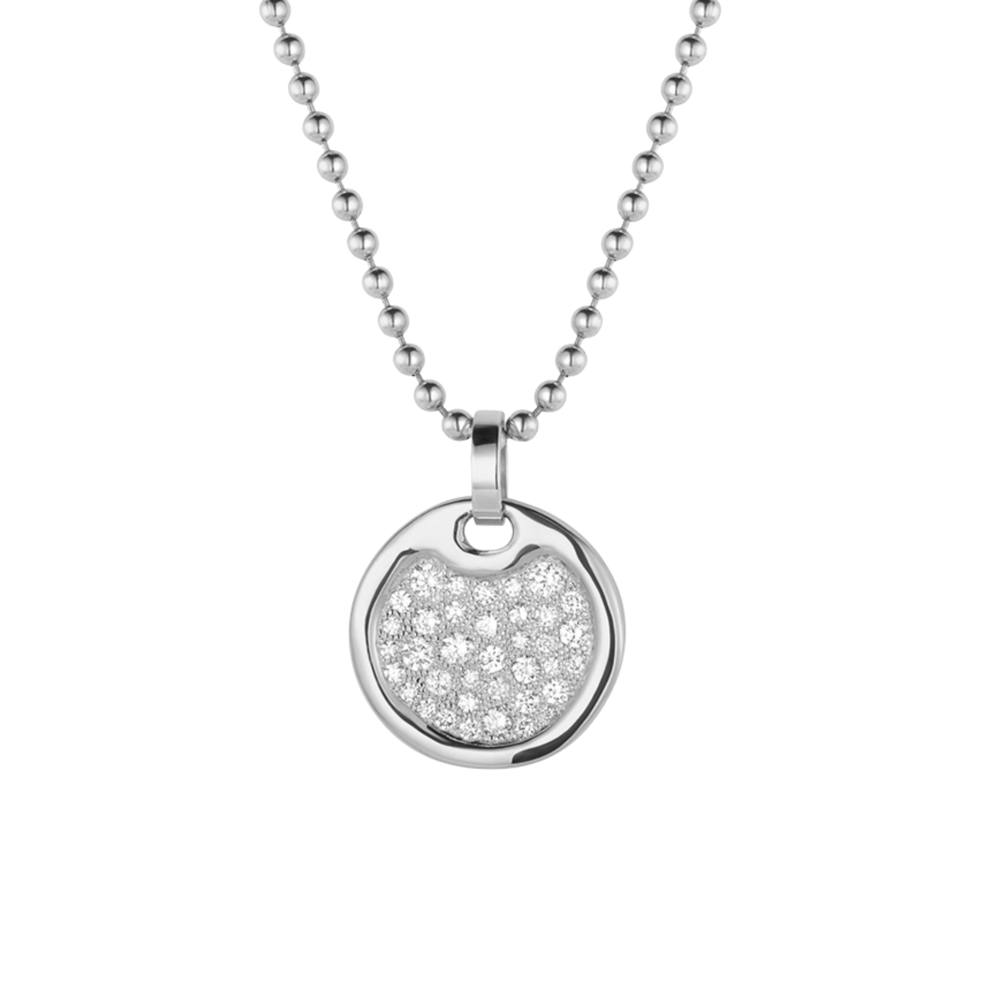14k White Gold necklace with a polished round pendant featuring bead set diamonds on a white background