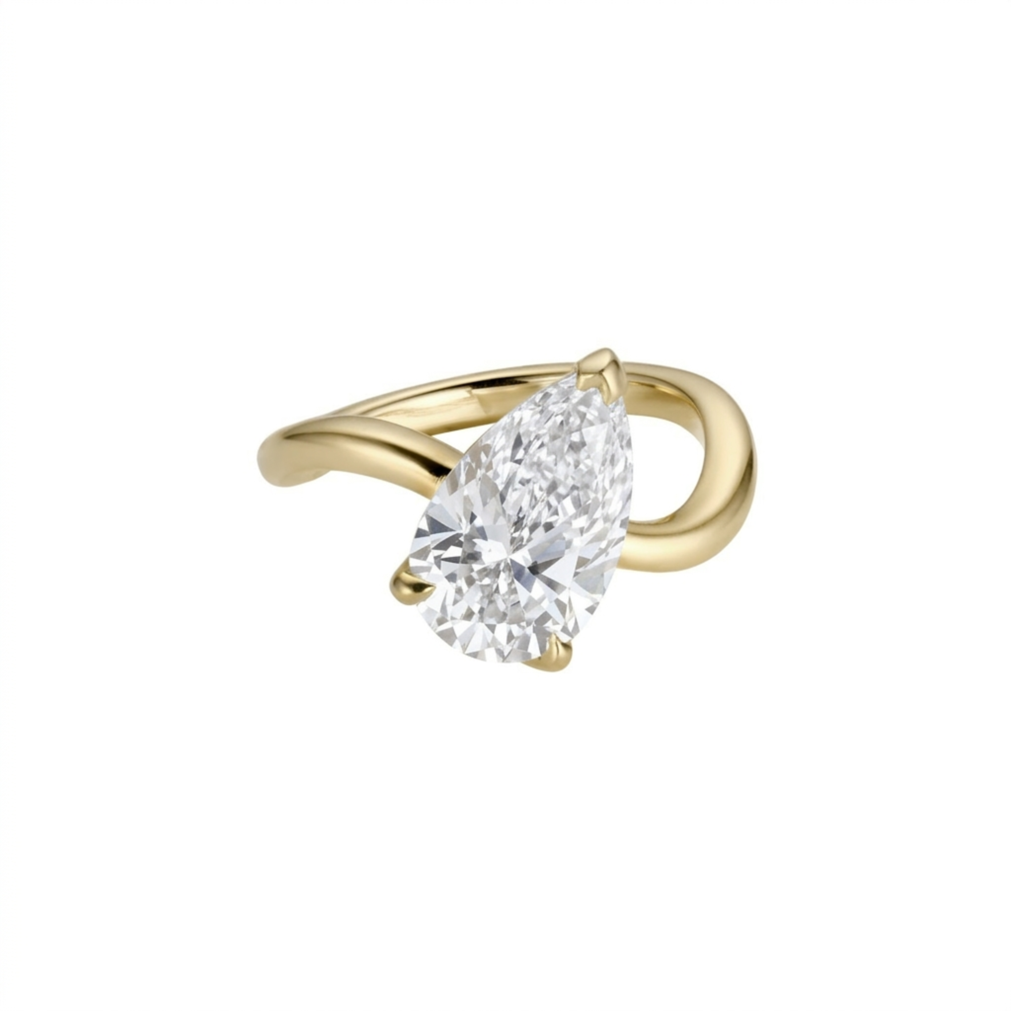 14k solid gold ring with a tilted  pear-shaped diamond set on a curvy band with claw prongs shown front view on a white background