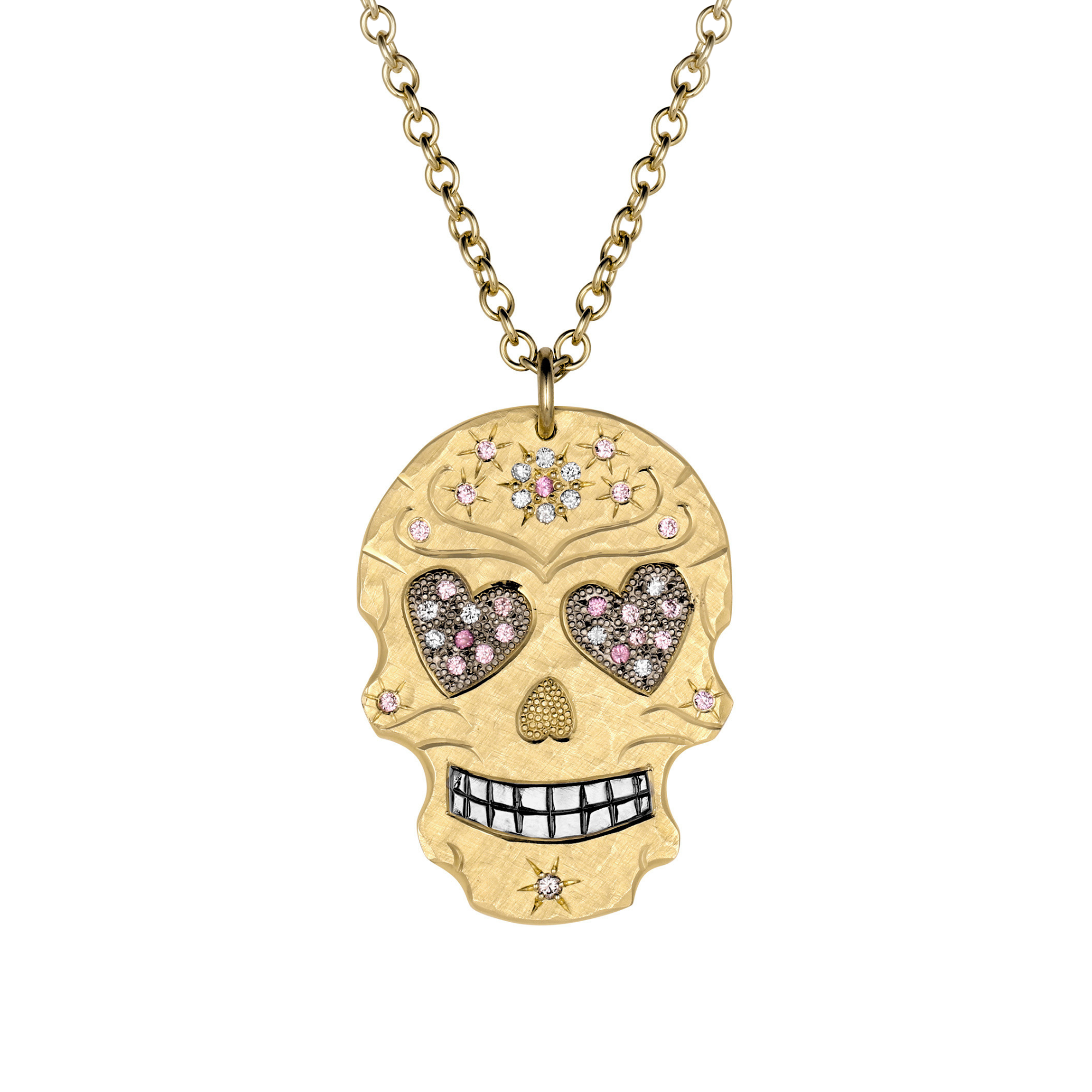 Heart Eyes Sugar Skull Pink Sapphire & Diamond Pendant | Large | 14K Gold | Style Valentine