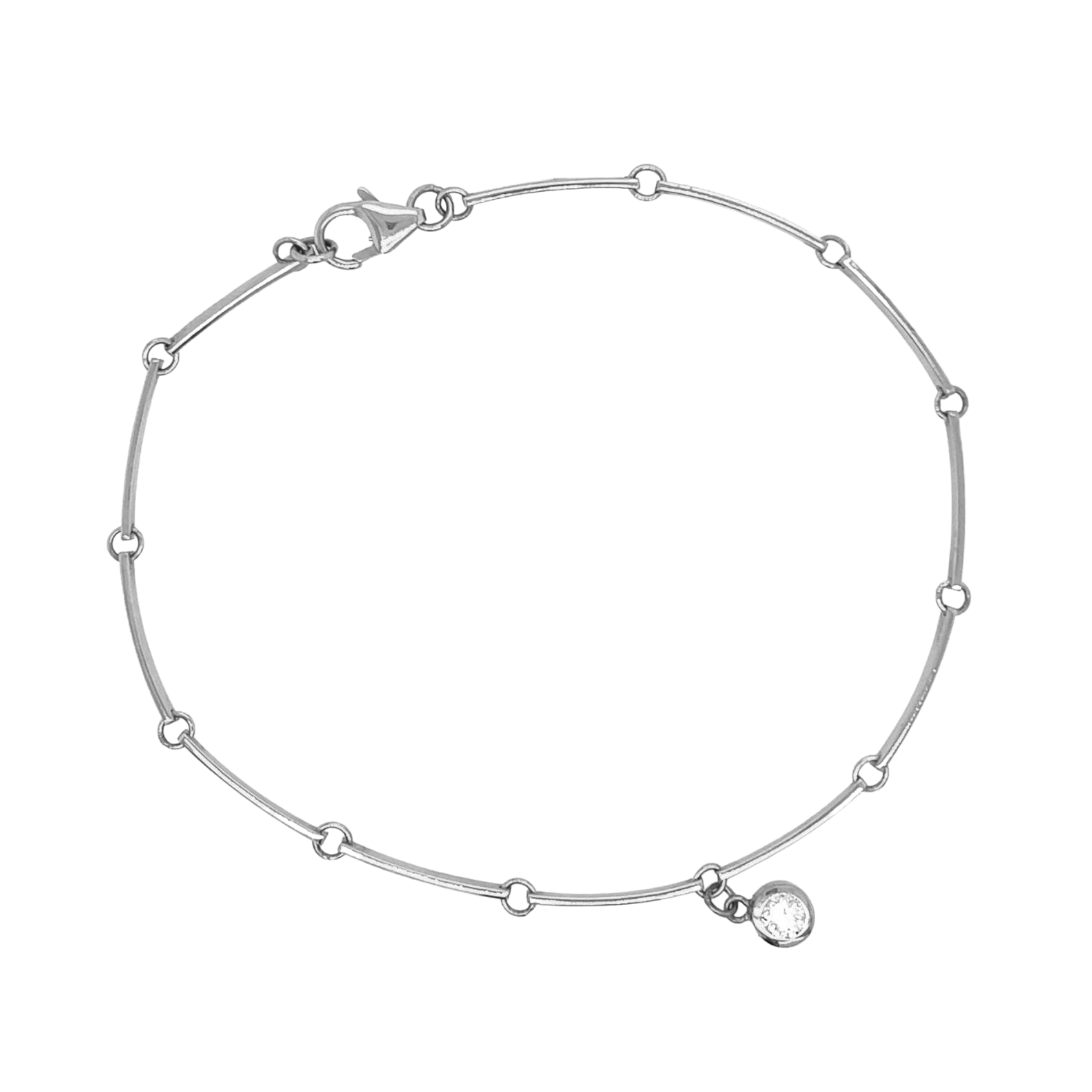 14k white gold flat bar link bracelet with bezel set white diamond charm on white background