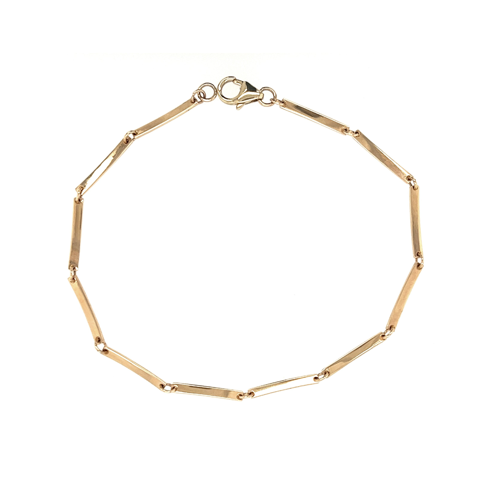 14k yellow gold flat bar link bracelet on white background