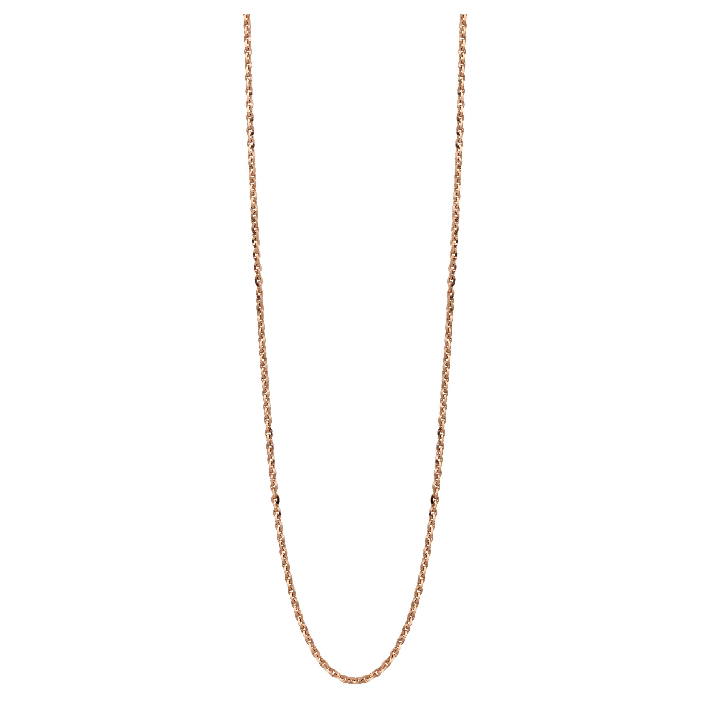 Rose gold 1.2mm diamond cut round link chain necklace on white background