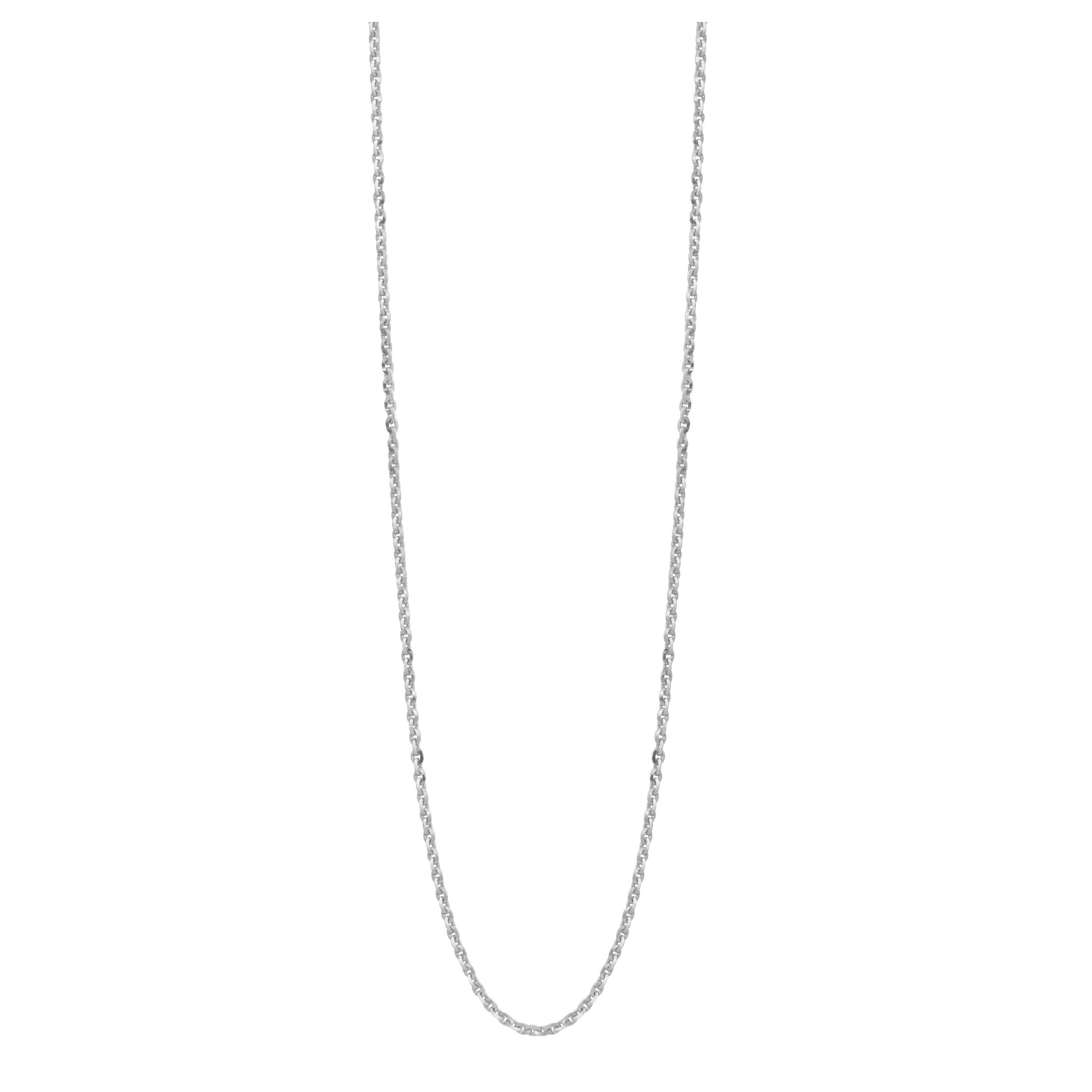 White gold 1.2mm diamond cut round link chain necklace on white background