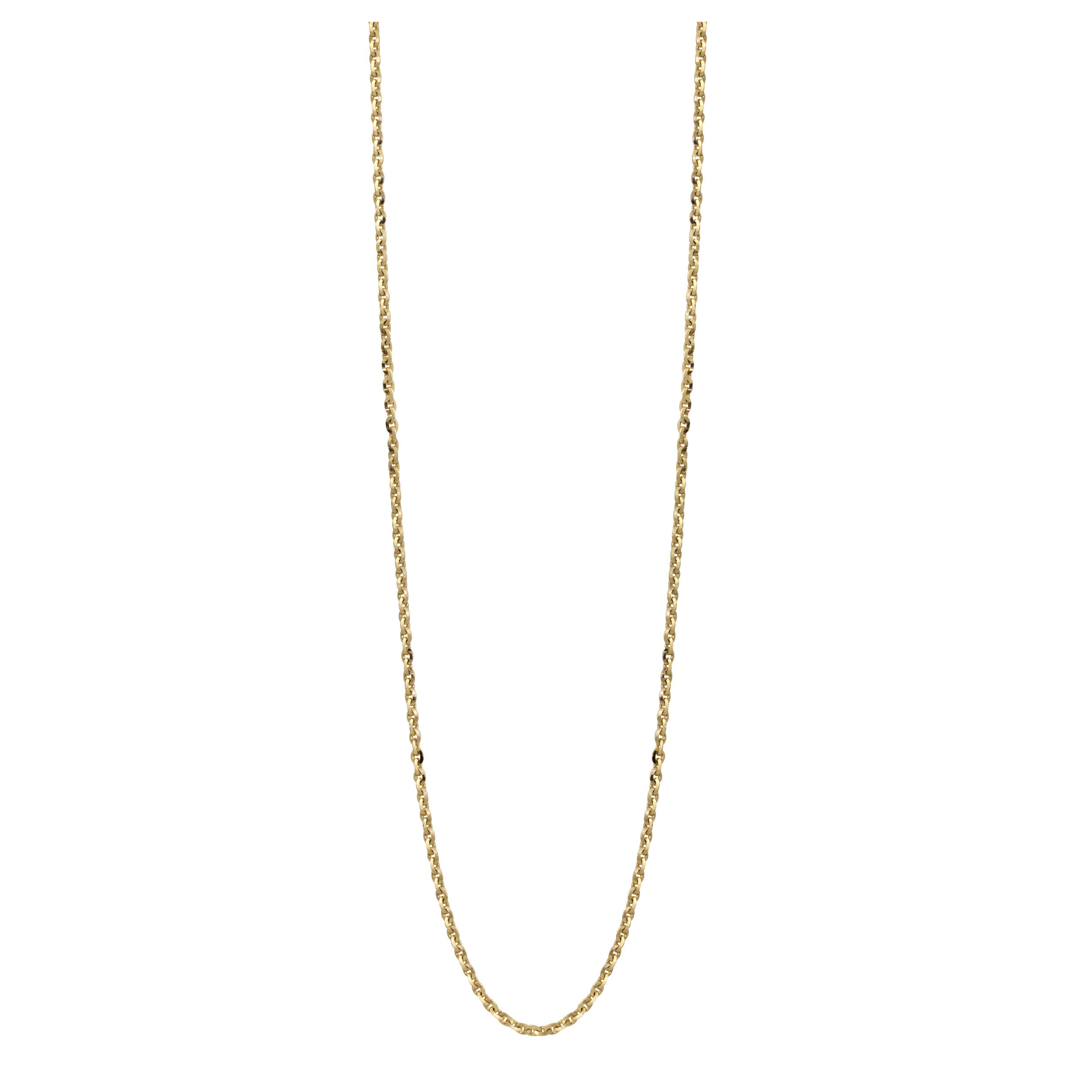 Yellow gold 1.2mm diamond cut round link chain necklace on white background