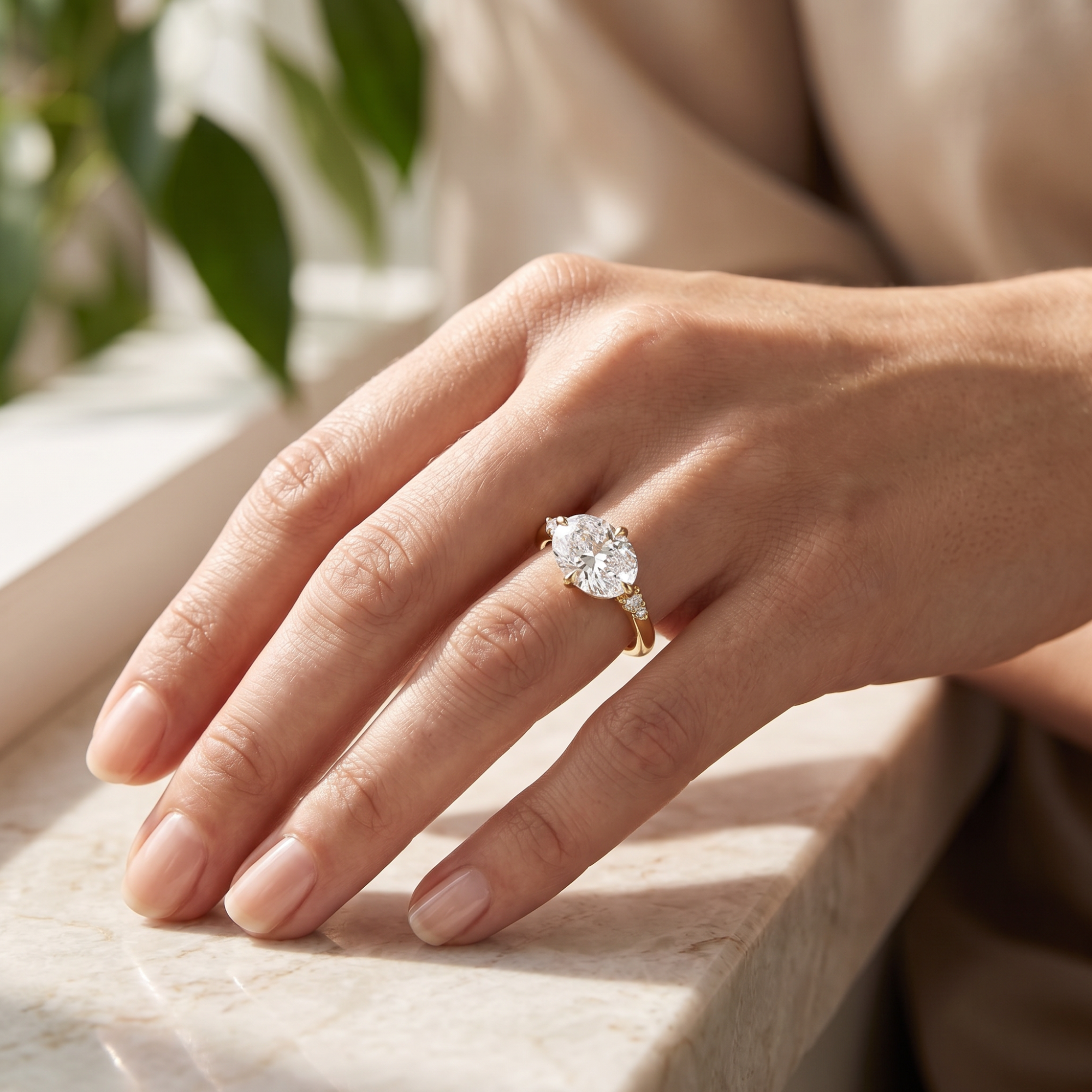 Hand wearing a five stone large oval sideways set white diamond engagement ring with round accents either side 14k yellow gold on a light surface with a blurred natural background