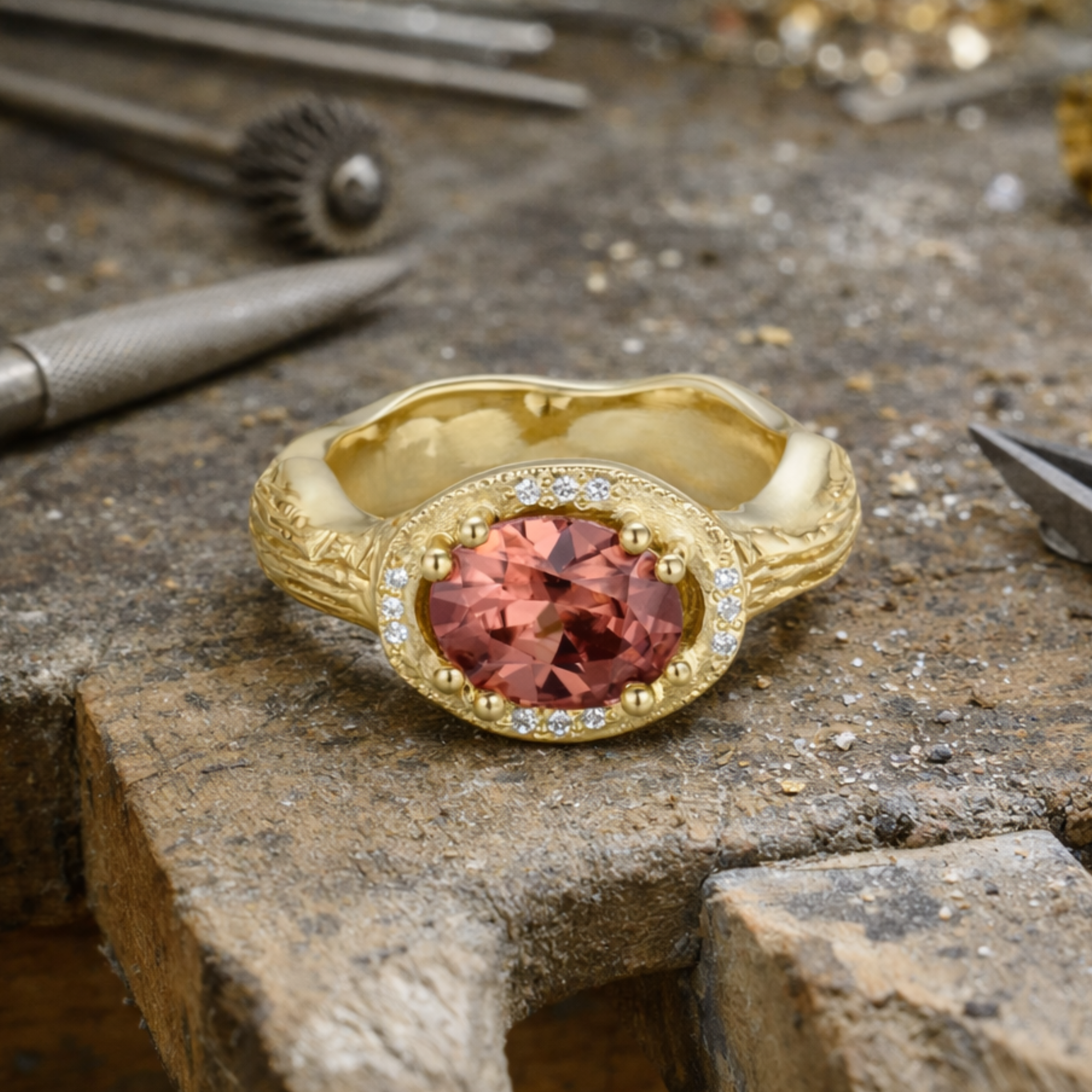 Chunky organic texture oval east west pink zircon diamond half halo statement ring in yellow gold sitting on workbench with tools