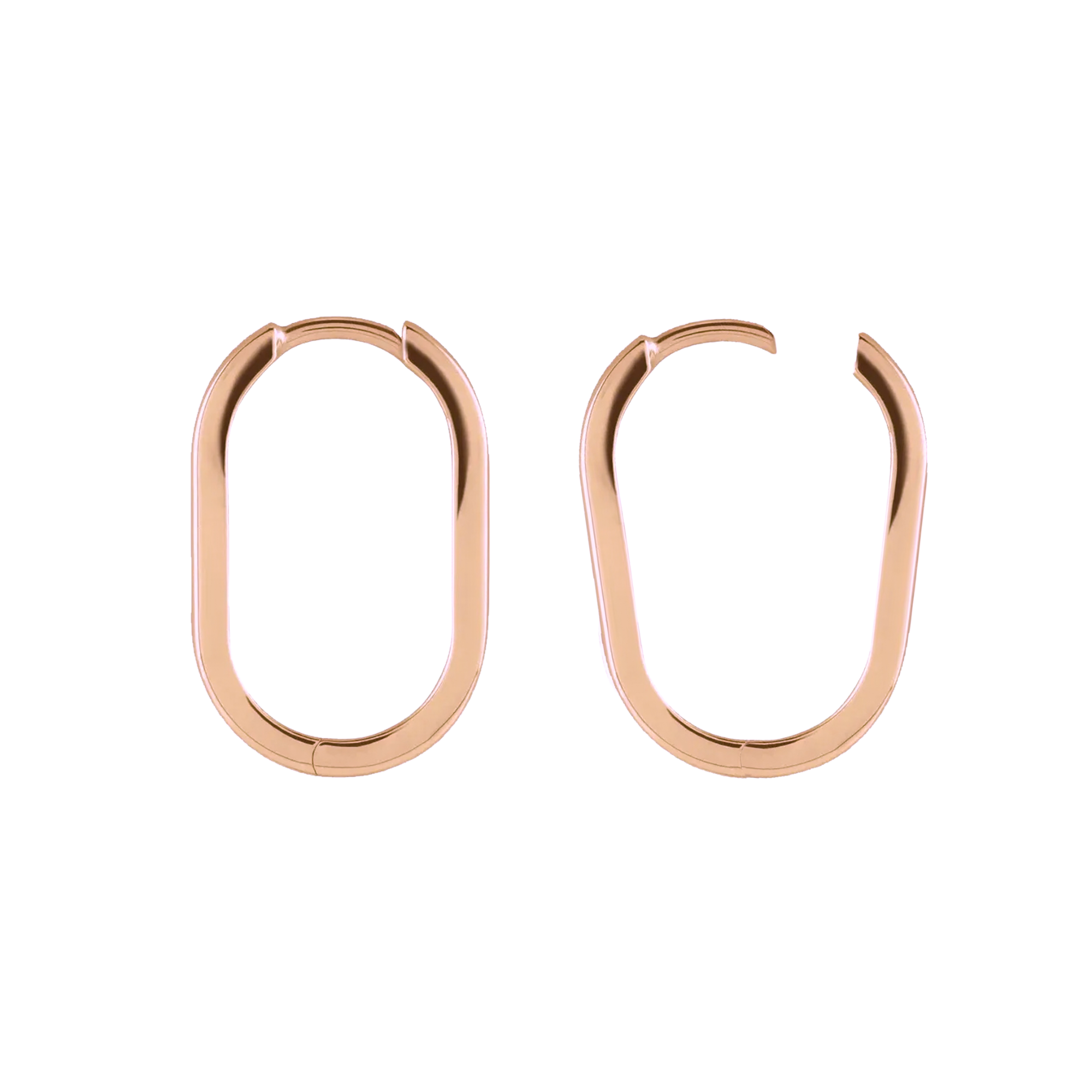 14k rose gold oval hinged hoop earring on white background 