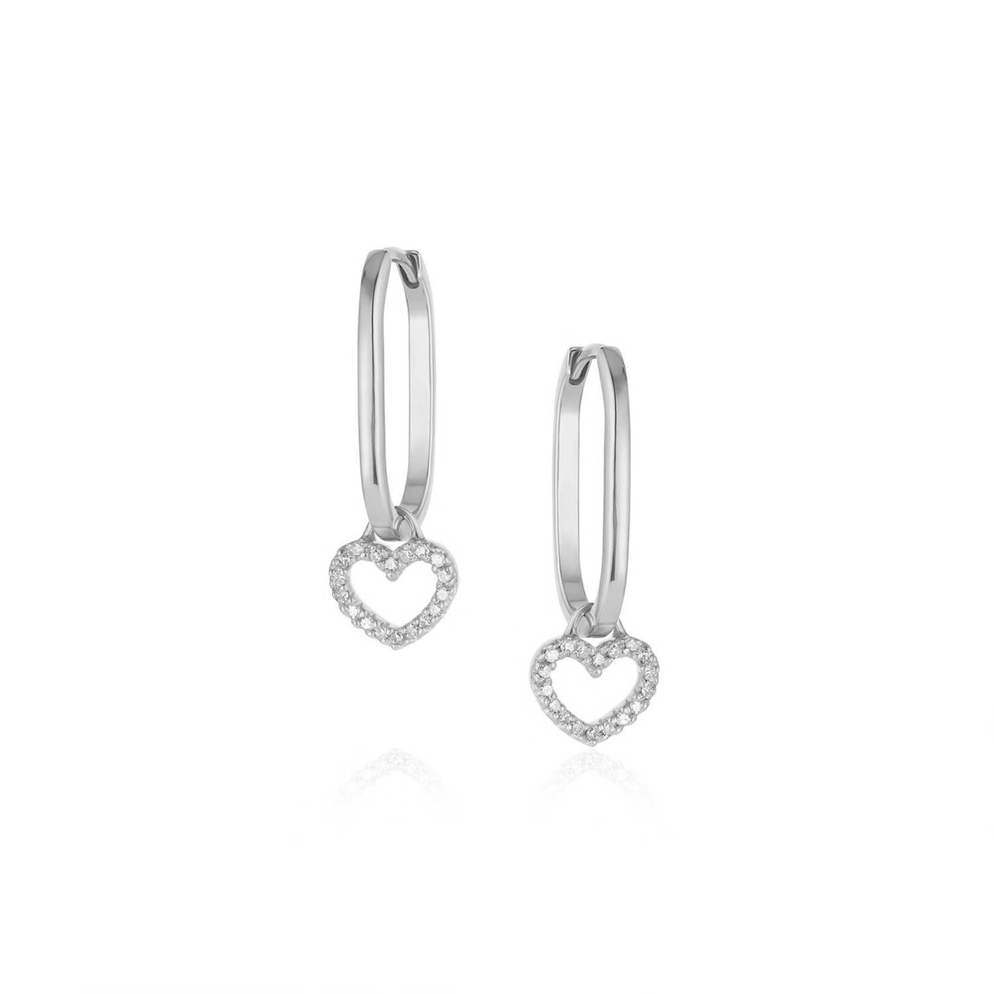 14k white gold hinged oval hoop earrings with pave set white diamond heart charms on white background