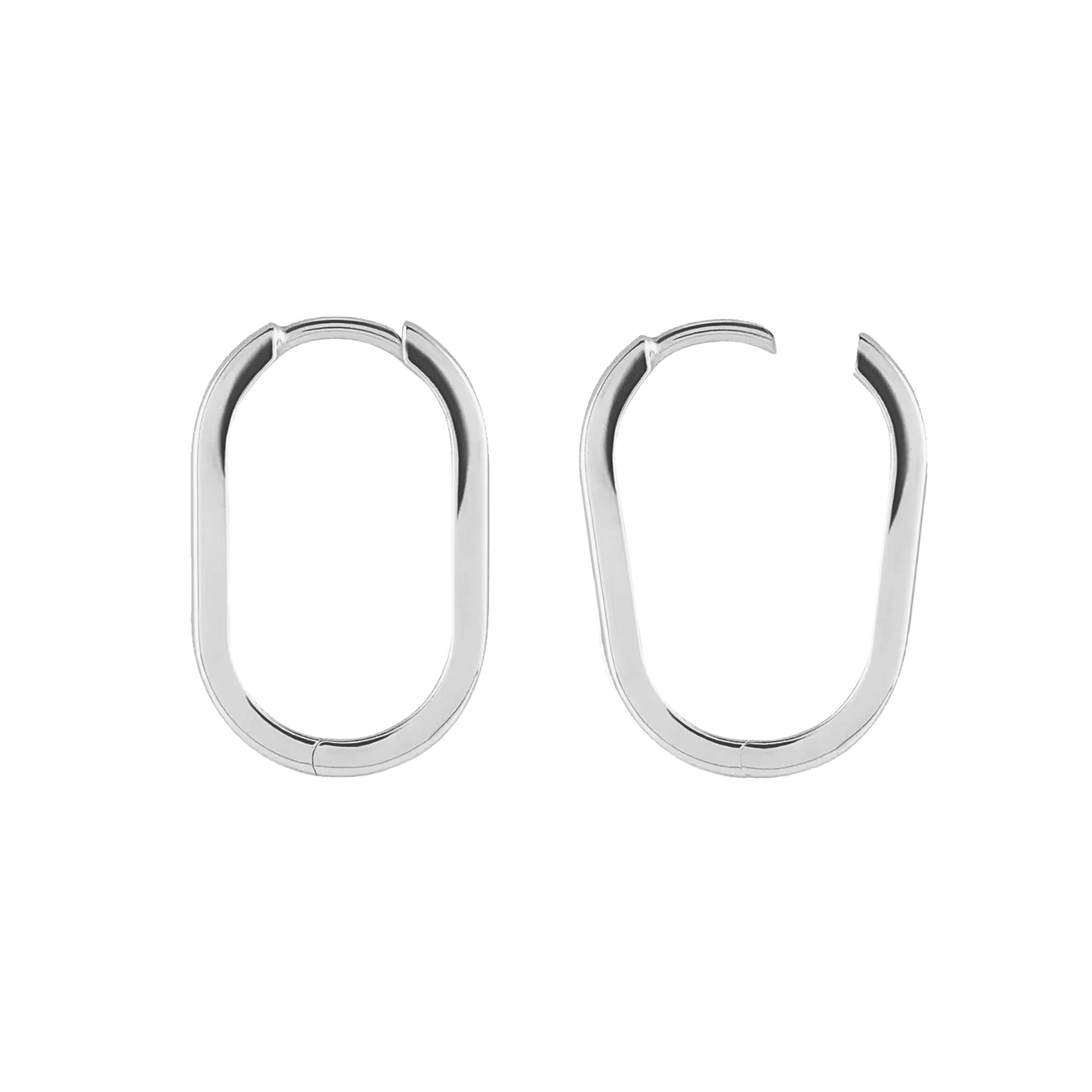 14k white gold oval hinged hoop earring on white background