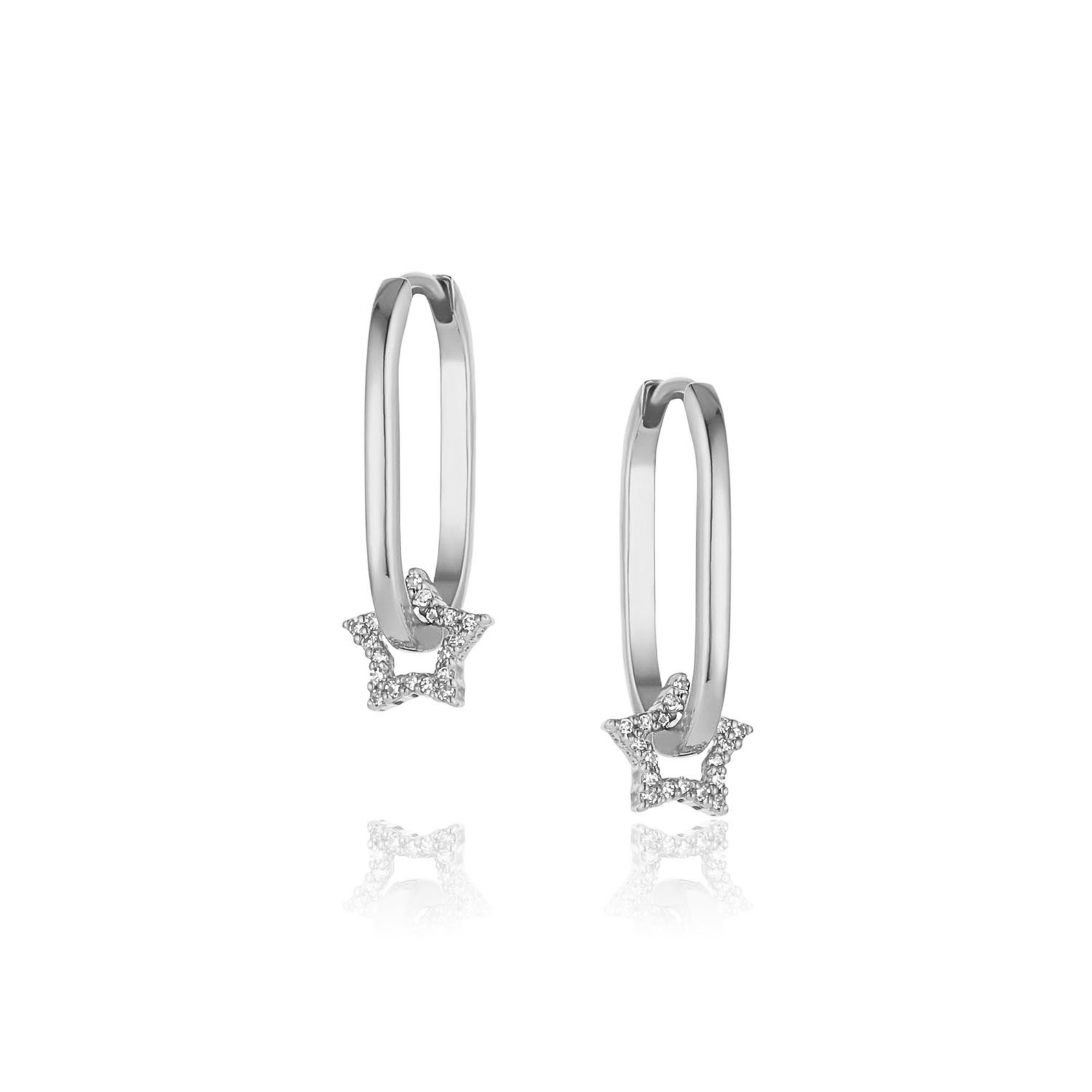 14k white gold oval hinged hoop earring with pave set white diamond star charms on white background