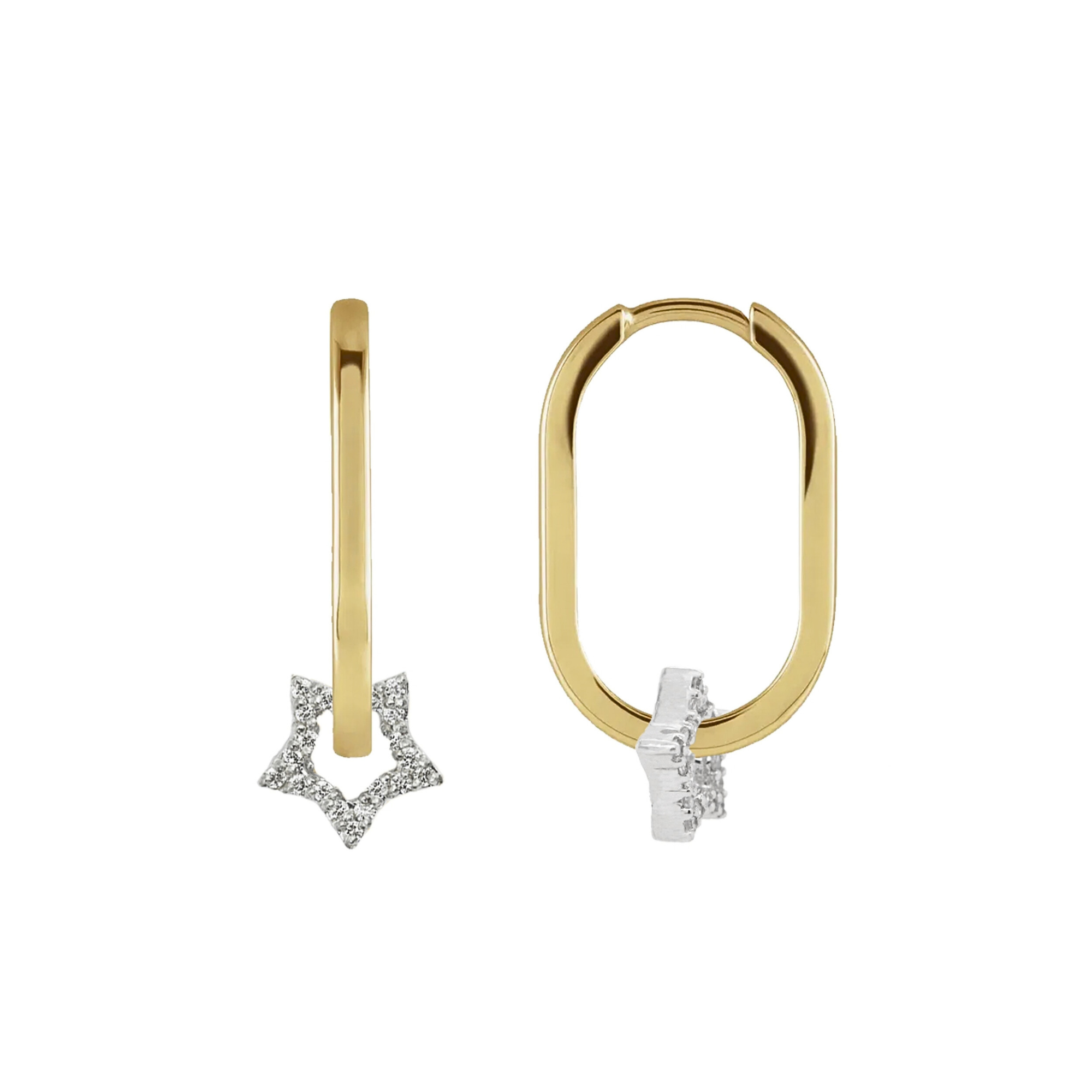 14k yellow gold oval hinged hoop earring with pave set white diamond star charms on white background with side view