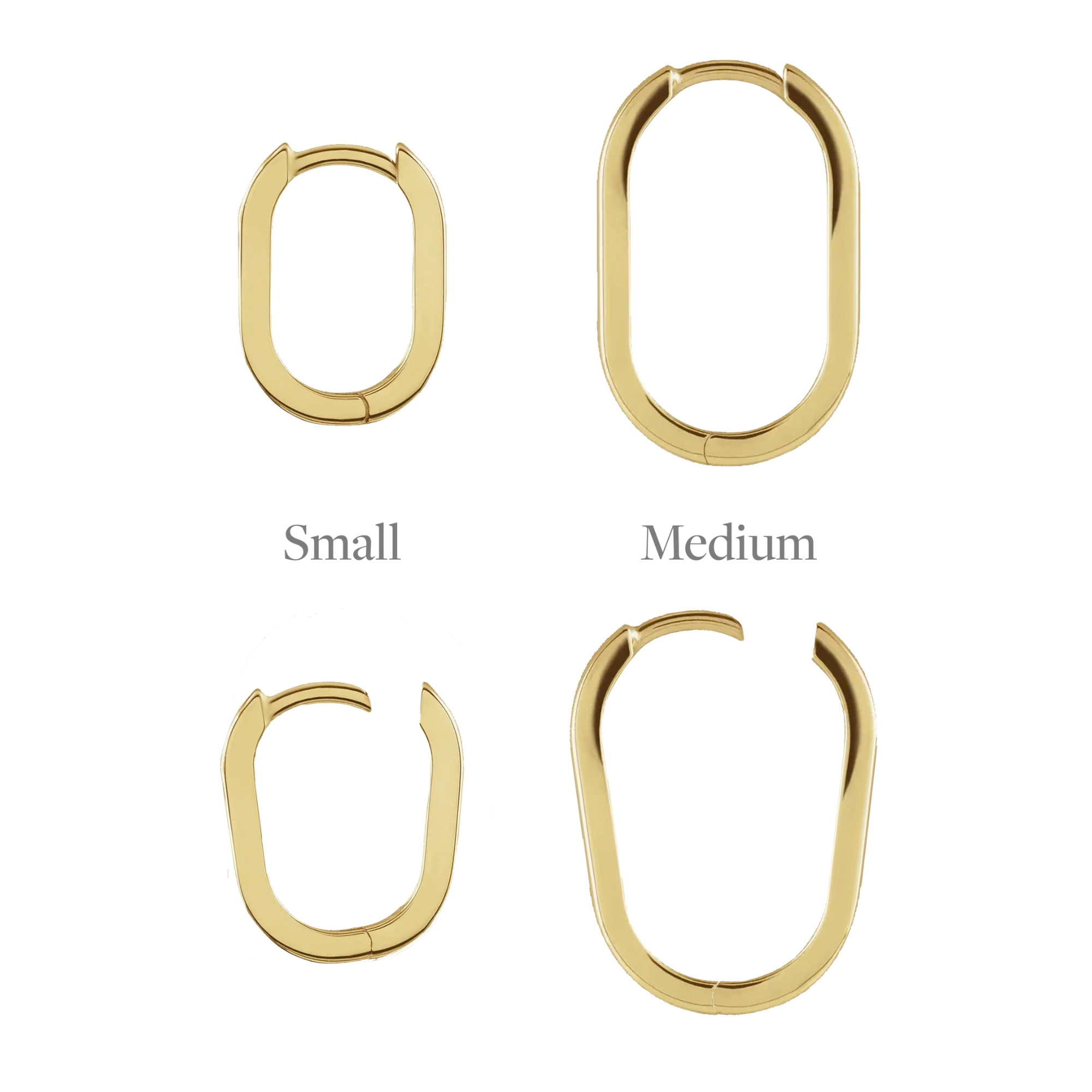14k yellow gold oval hinged hoop earring on white background with size comparison