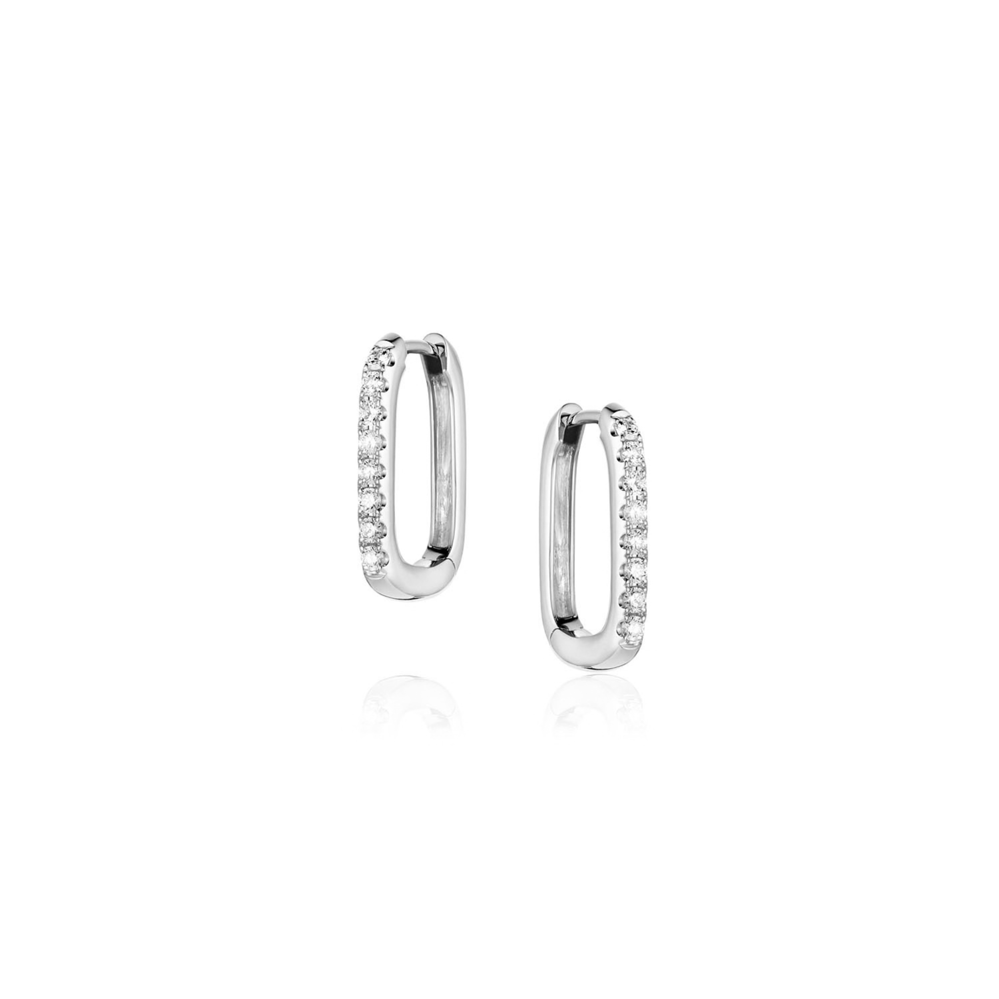 14k white gold hinged oval hoop earrings with pave set white diamonds on white background