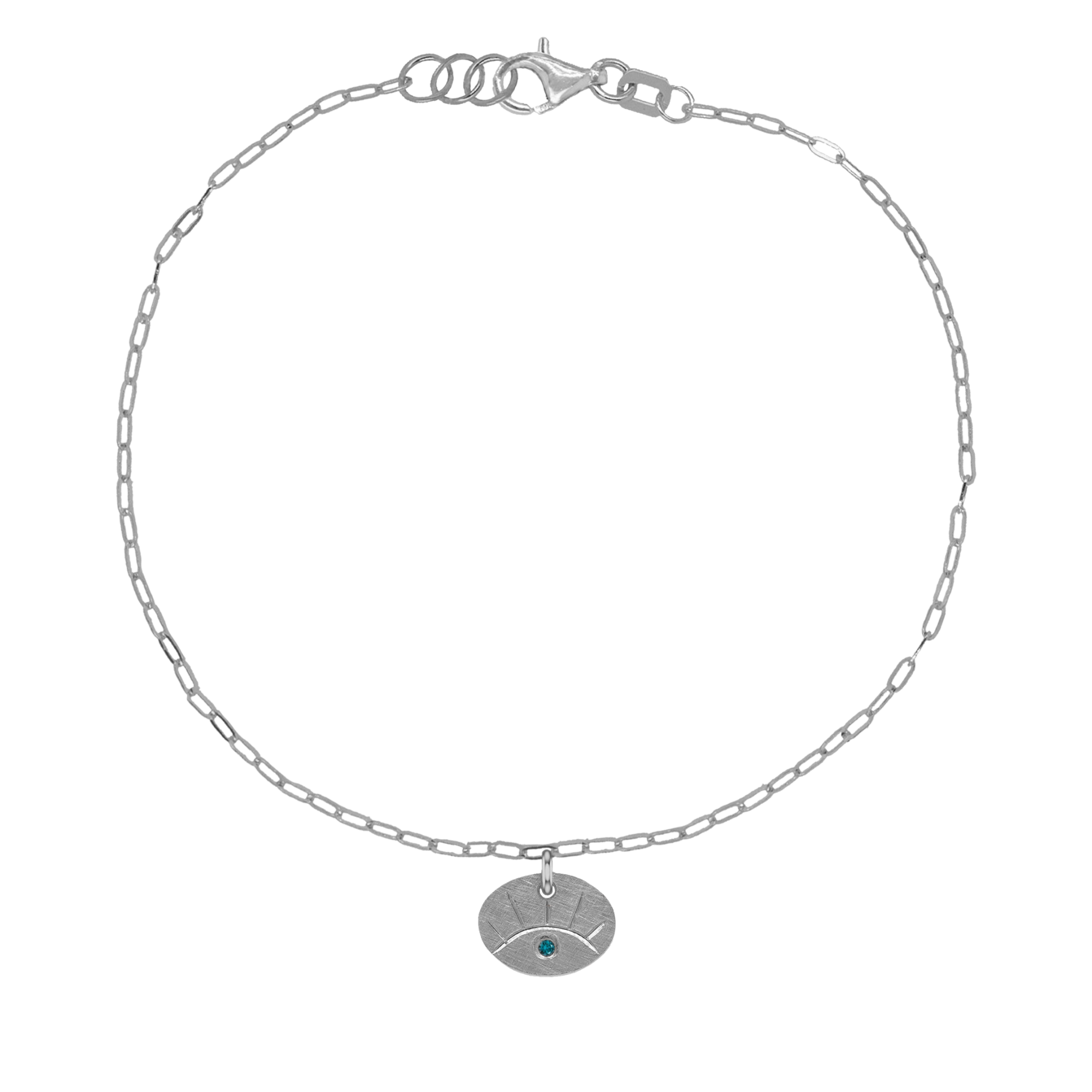 14k white gold teeny tiny eye charm bracelet with paperclip link chain and teal diamond accent on white background