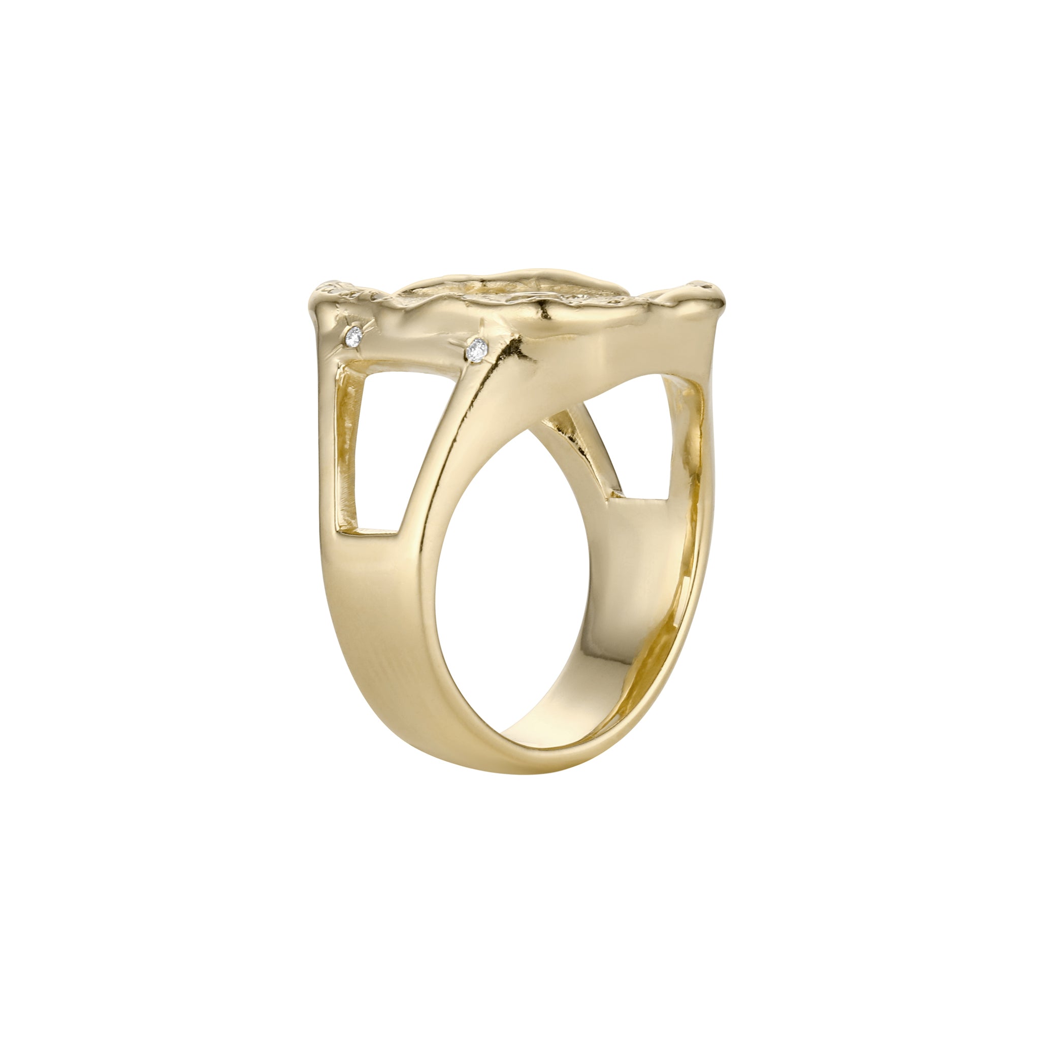 Side profile of 14k gold signet style ring with diamond set face and sculpted shank
Little Sur Spirit Collection ring in 14k yellow gold with substantial band profile
Profile view of 14k gold cocktail ring highlighting elevated oval signet setting
Handmade 14k yellow gold statement ring side view showing bold architectural design
Luxury 14k gold diamond signet ring profile showcasing tapered band and weight
Solid 14k gold oval signet ring side angle by Julez Bryant handcrafted in Encinitas
Diamond accented 